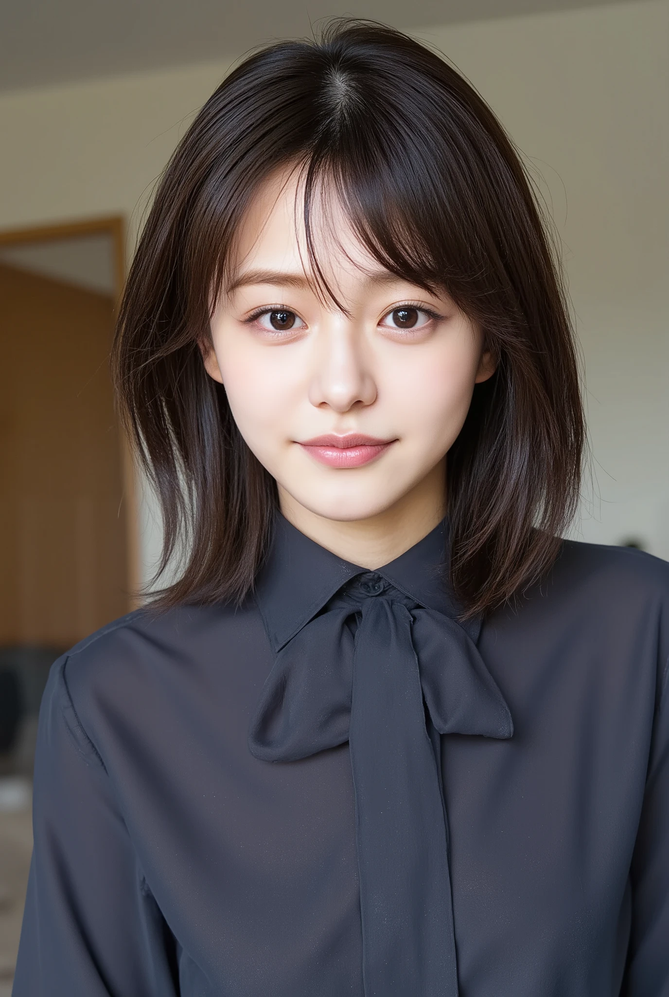 (Woman with huge saggy １By people),(((super short hair))),((綺麗なとてもshort black hair with waistの女性)),(short black hair with waist),(Very short hair with black hair),Realistic Portraits,Realism,top quality,Masterpiece,top quality,best image quality,Highest Resolution,fine detail that will grab your arm,beautifully detailed faces,dark eyes,accurate upper body,realistic skin,(narrow your eyes微笑む),and no one was at the seaside,Observe her upper body up close and front,Lie down ,show me face forward,face the front,Elaborate Upper Body ,arms are correctly shown,(On a sunny seaside),(Huge saggy breasts),Indoor,(narrow your eyes),emitting light,((Close your mouth and smile)),