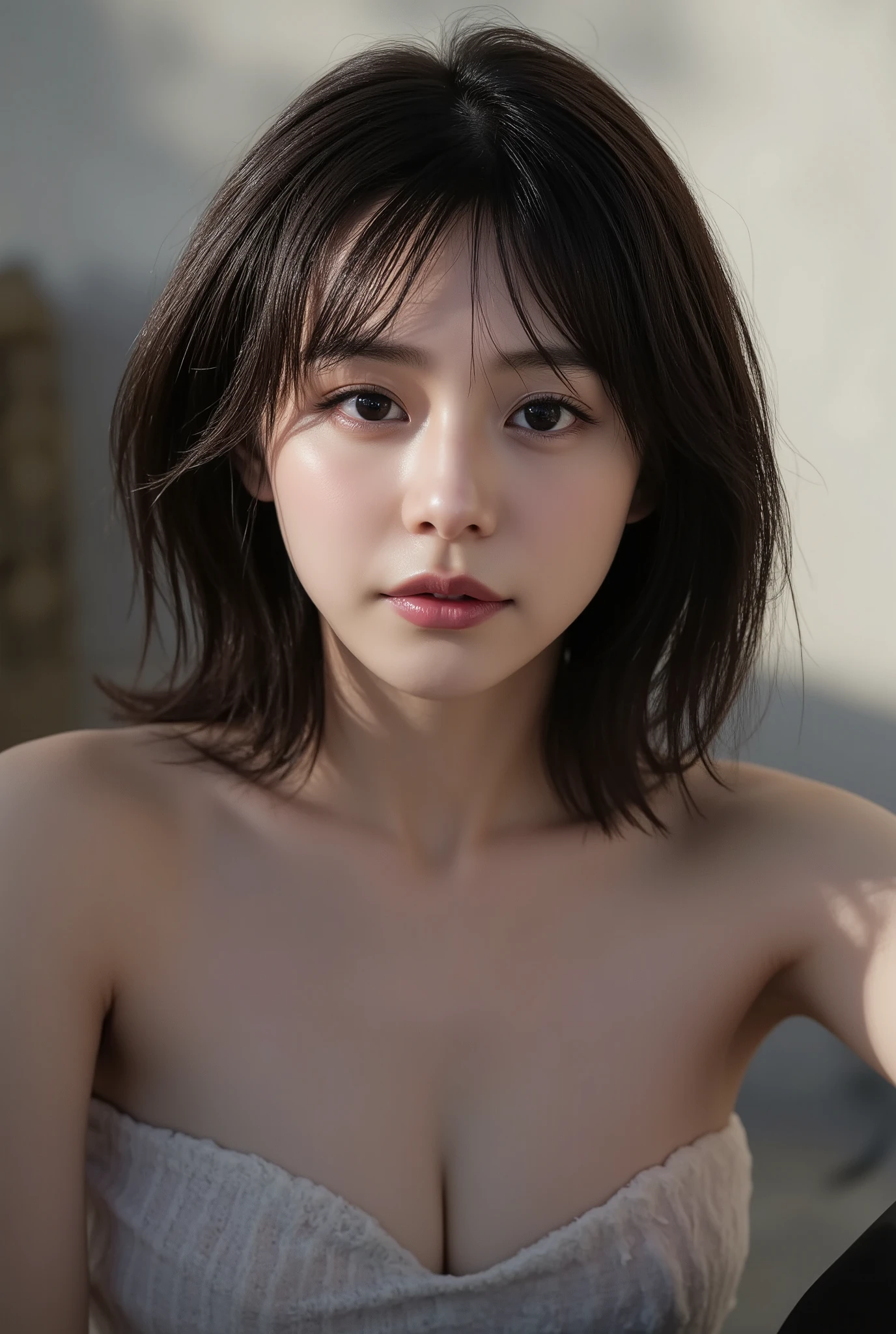 (Woman with huge saggy １By people),(((super short hair))),((綺麗なとてもshort black hair with waistの女性)),(short black hair with waist),(Very short hair with black hair),Realistic Portraits,Realism,top quality,Masterpiece,top quality,best image quality,Highest Resolution,fine detail that will grab your arm,beautifully detailed faces,dark eyes,accurate upper body,realistic skin,(narrow your eyes微笑む),and no one was at the seaside,Observe her upper body up close and front,Lie down ,show me face forward,face the front,Elaborate Upper Body ,arms are correctly shown,(On a sunny seaside),(Huge saggy breasts),Indoor,(narrow your eyes),emitting light,((Close your mouth and smile)),