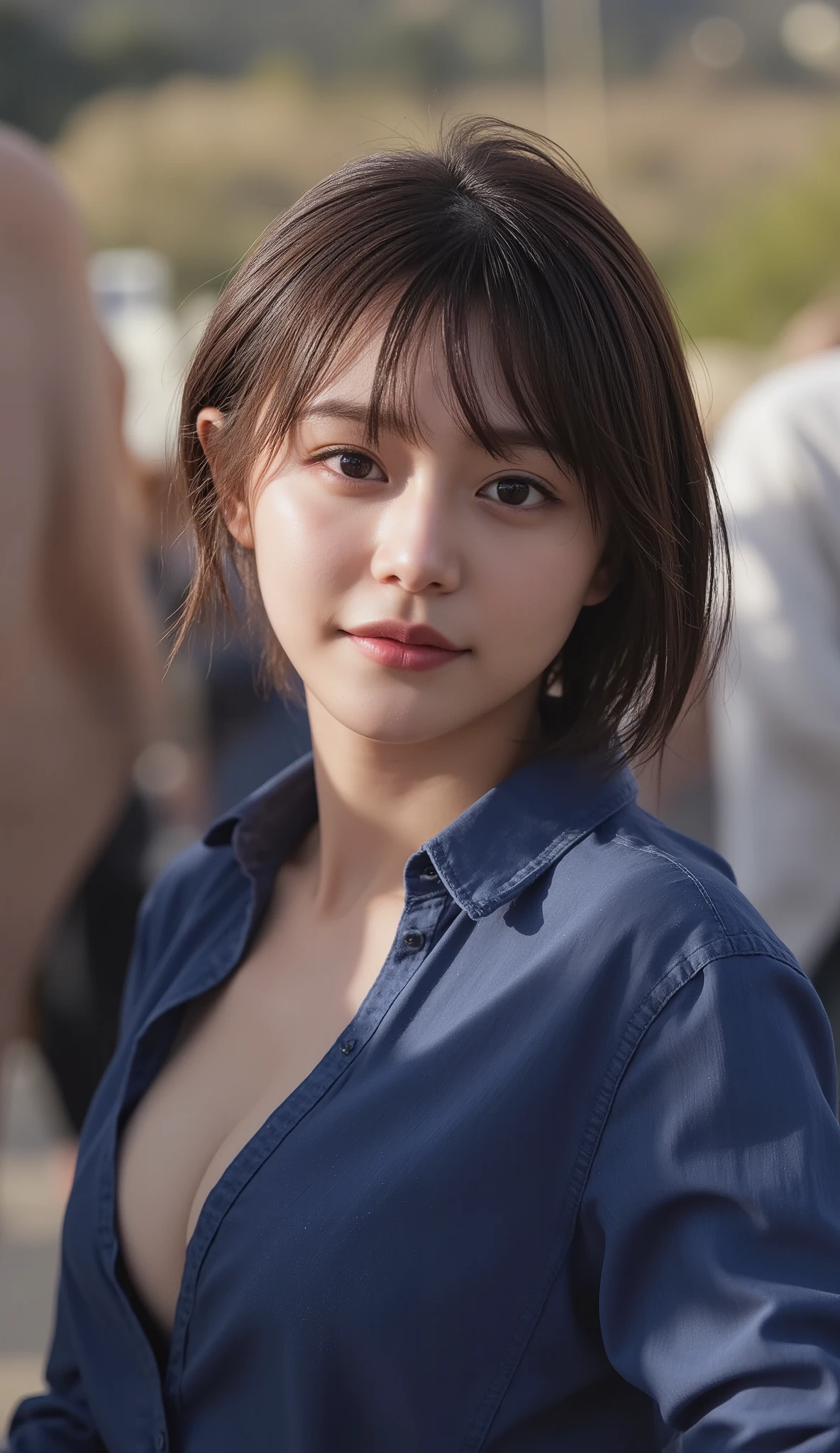 (Woman with huge saggy １By people),(((super short hair))),((綺麗なとてもshort black hair with waistの女性)),(short black hair with waist),(Very short hair with black hair),Realistic Portraits,Realism,top quality,Masterpiece,top quality,best image quality,Highest Resolution,fine detail that will grab your arm,beautifully detailed faces,dark eyes,accurate upper body,realistic skin,(narrow your eyes微笑む),and no one was at the seaside,Observe her upper body up close and front,Lie down ,show me face forward,face the front,Elaborate Upper Body ,arms are correctly shown,(On a sunny seaside),(Huge saggy breasts),Indoor,(narrow your eyes),emitting light,((Close your mouth and smile)),