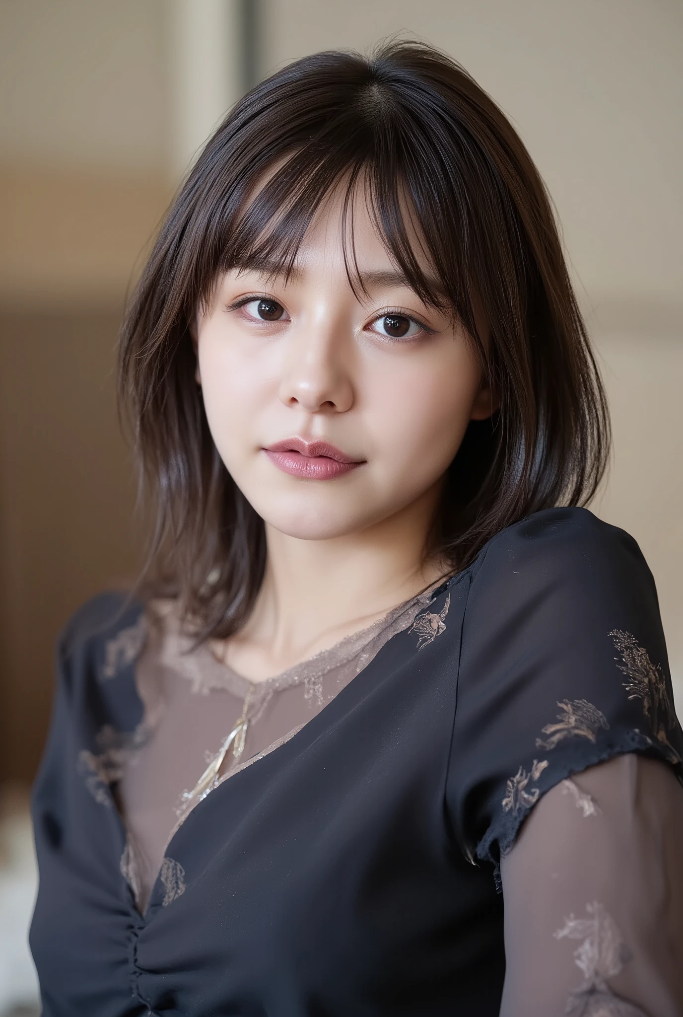 (Woman with huge saggy １By people),(((super short hair))),((綺麗なとてもshort black hair with waistの女性)),(short black hair with waist),(Very short hair with black hair),Realistic Portraits,Realism,top quality,Masterpiece,top quality,best image quality,Highest Resolution,fine detail that will grab your arm,beautifully detailed faces,dark eyes,accurate upper body,realistic skin,(narrow your eyes微笑む),and no one was at the seaside,Observe her upper body up close and front,Lie down ,show me face forward,face the front,Elaborate Upper Body ,arms are correctly shown,(On a sunny seaside),(Huge saggy breasts),Indoor,(narrow your eyes),emitting light,((Close your mouth and smile)),