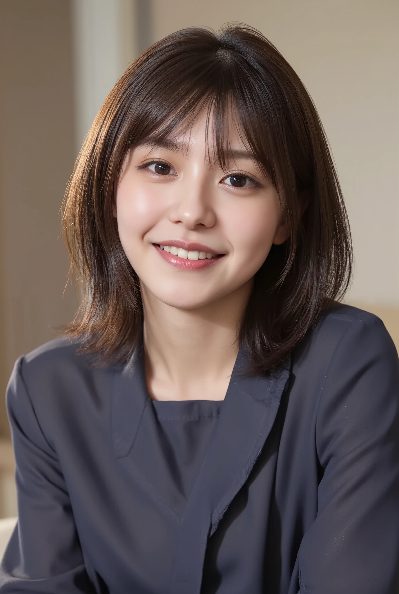 (Woman with huge saggy １By people),(((super short hair))),((綺麗なとてもshort black hair with waistの女性)),(short black hair with waist),(Very short hair with black hair),Realistic Portraits,Realism,top quality,Masterpiece,top quality,best image quality,Highest Resolution,fine detail that will grab your arm,beautifully detailed faces,dark eyes,accurate upper body,realistic skin,(narrow your eyes微笑む),and no one was at the seaside,Observe her upper body up close and front,Lie down ,show me face forward,face the front,Elaborate Upper Body ,arms are correctly shown,(On a sunny seaside),(Huge saggy breasts),Indoor,(narrow your eyes),emitting light,((Close your mouth and smile)),