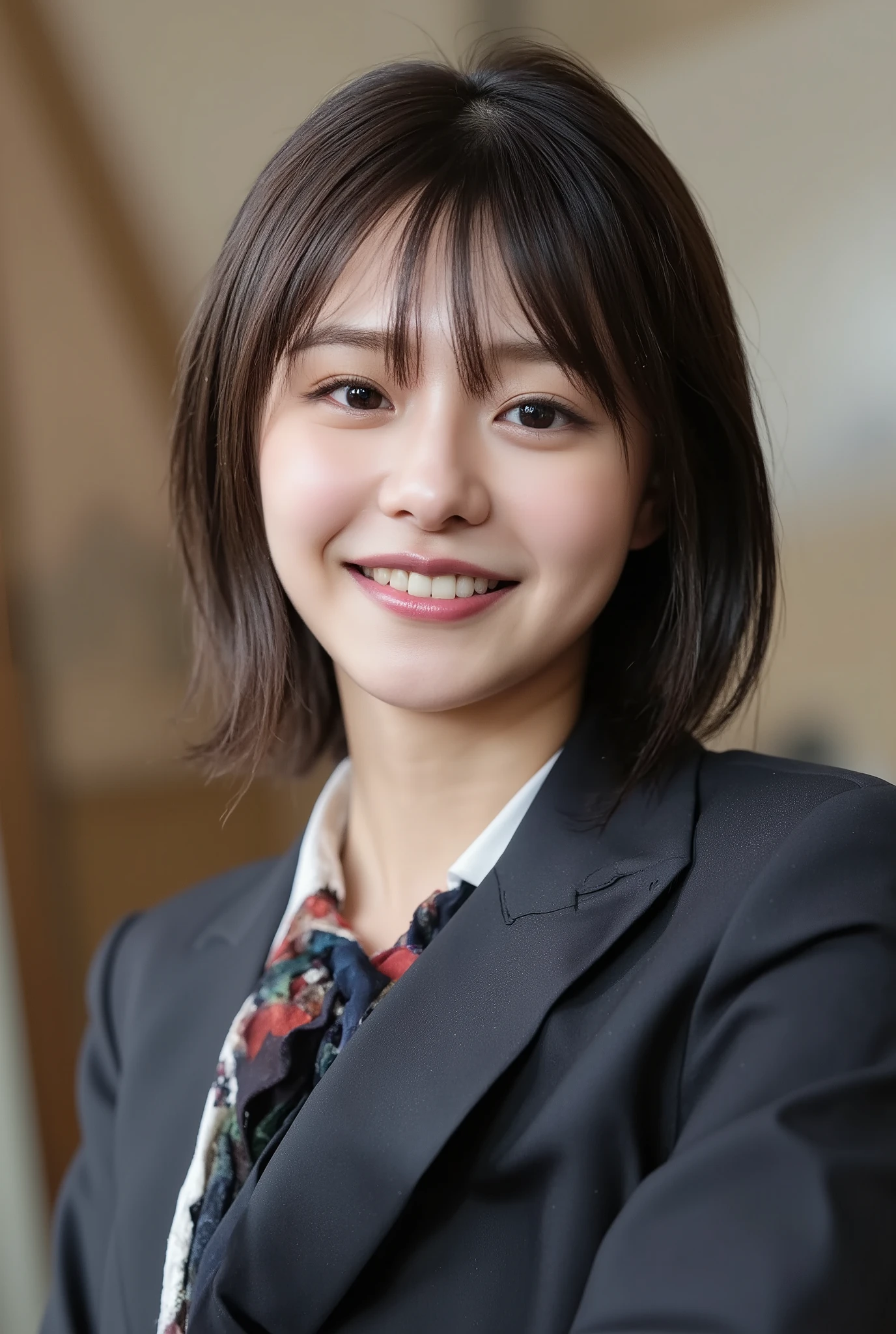 (Woman with huge saggy １By people),(((super short hair))),((綺麗なとてもshort black hair with waistの女性)),(short black hair with waist),(Very short hair with black hair),Realistic Portraits,Realism,top quality,Masterpiece,top quality,best image quality,Highest Resolution,fine detail that will grab your arm,beautifully detailed faces,dark eyes,accurate upper body,realistic skin,(squint and smile),and no one was at the seaside,Observe her upper body up close and front,Lie down ,show me face forward,face the front,Elaborate Upper Body ,arms are correctly shown,(On a sunny seaside),(Huge saggy breasts),Indoor,(squint and smile),emitting light,