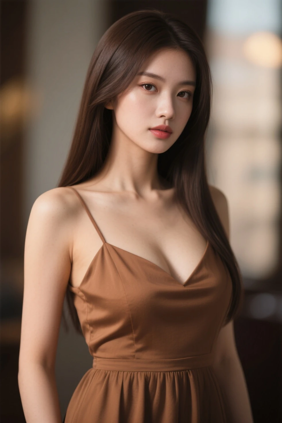 (Highest quality, masterpiece) revolutionizes the portrayal of a beautiful girl. With captivating Brown_eyes framed by (hair color [Brunette], [前の髪でカットされたピクシー] hair) that cascade down her shoulders, the image radiates allure. Delicate earrings dangle from her ears, emphasizing the elegance of her features. Full, luscious lips tinted with a perfect shade of lipstick invite a closer look. A short sleeve blouse accentuates her realistic body, with a tight waist leading to an attractive figure. Vibrant, colorful makeup adorns her face, enh