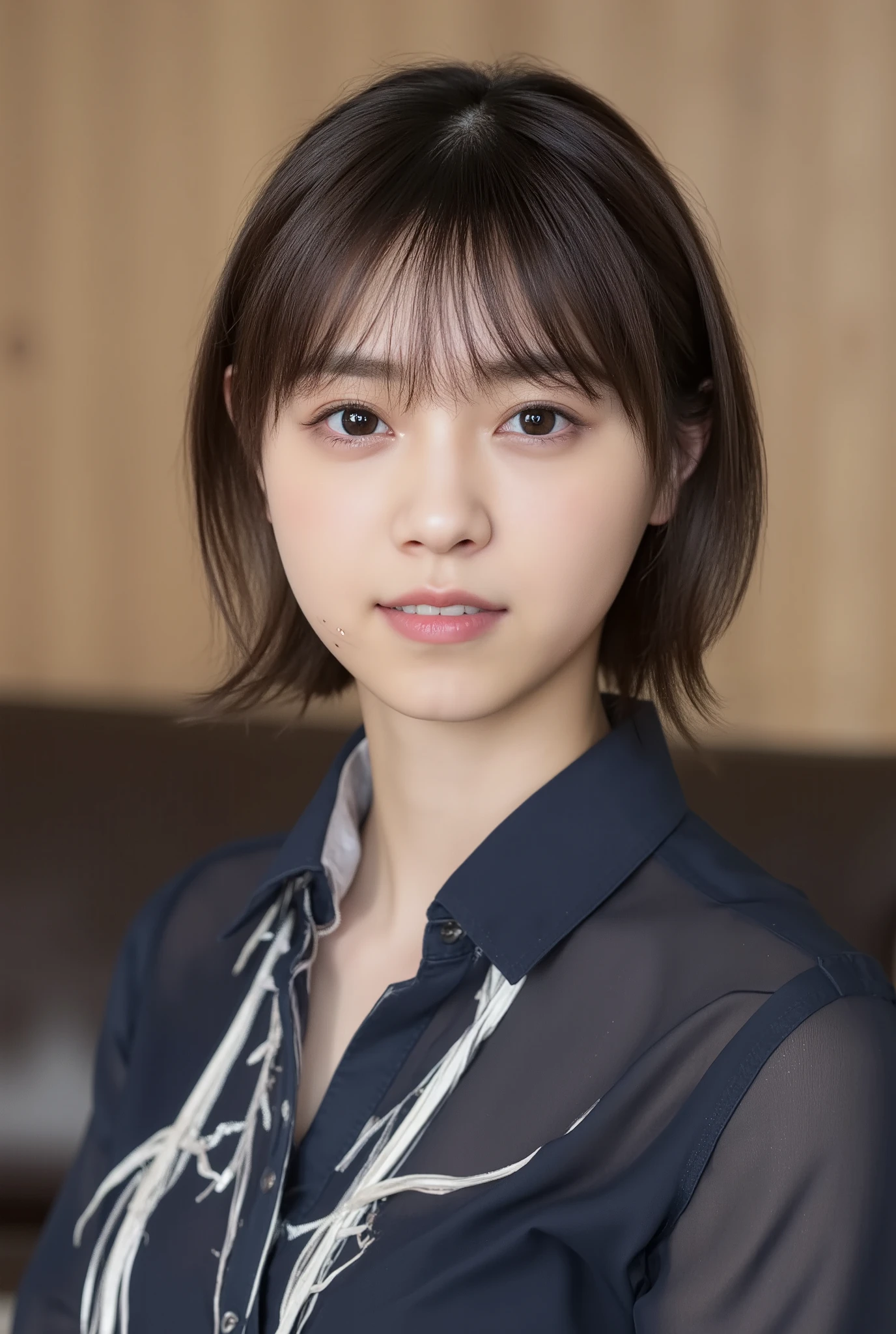 (Woman with huge saggy １By people),(((super short hair))),((綺麗なとてもshort black hair with waistの女性)),(short black hair with waist),(Very short hair with black hair),Realistic Portraits,Realism,top quality,Masterpiece,top quality,best image quality,Highest Resolution,fine detail that will grab your arm,beautifully detailed faces,dark eyes,accurate upper body,realistic skin,(narrow your eyes微笑む),and no one was at the seaside,Observe her upper body up close and front,Lie down ,show me face forward,face the front,Elaborate Upper Body ,arms are correctly shown,(On a sunny seaside),(Huge saggy breasts),Indoor,(narrow your eyes),emitting light,(((close your mouth))),