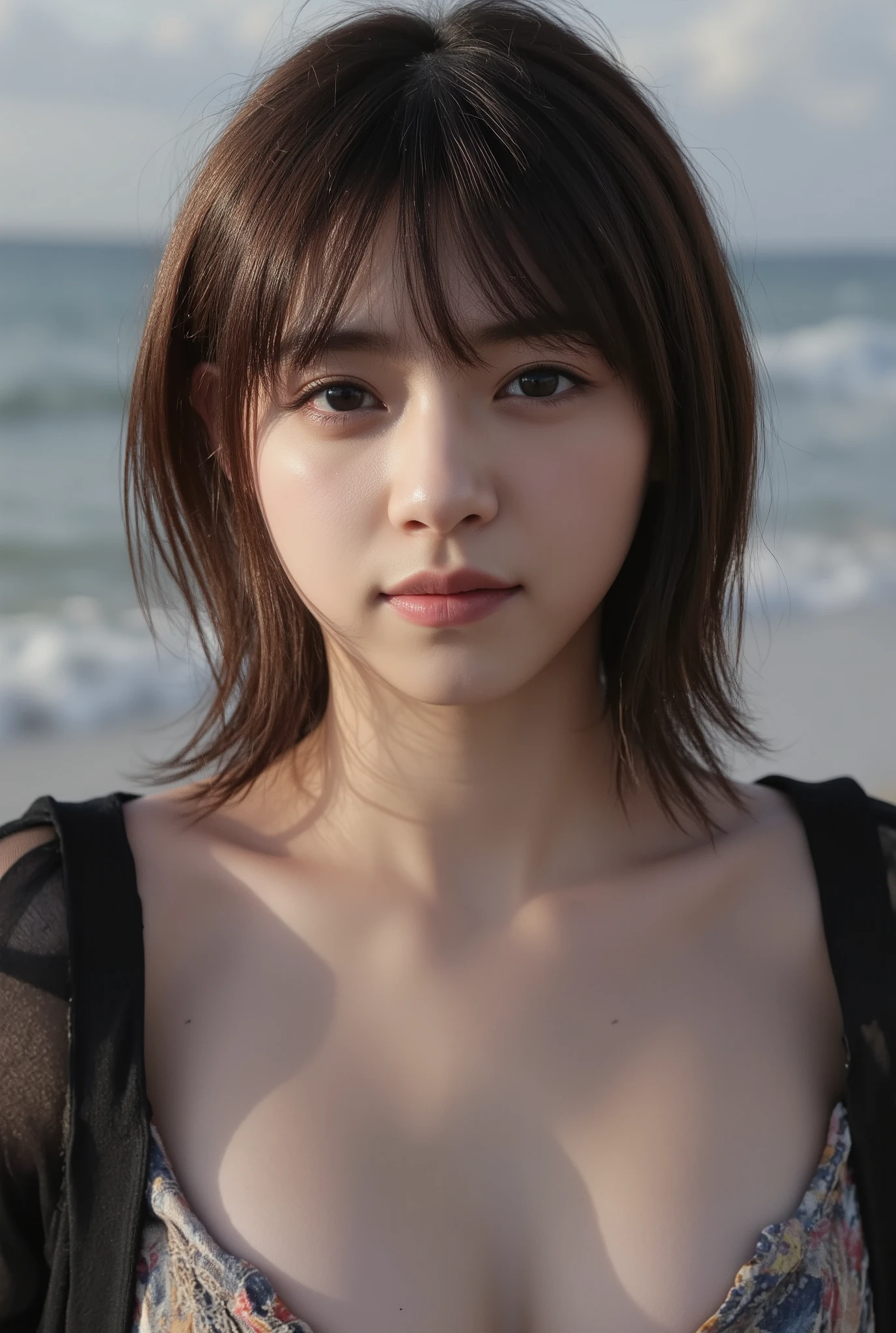 (Woman with huge saggy １By people),(((super short hair))),((綺麗なとてもshort black hair with waistの女性)),(short black hair with waist),(Very short hair with black hair),Realistic Portraits,Realism,top quality,Masterpiece,top quality,best image quality,Highest Resolution,fine detail that will grab your arm,beautifully detailed faces,dark eyes,accurate upper body,realistic skin,(narrow your eyes微笑む),and no one was at the seaside,Observe her upper body up close and front,Lie down ,show me face forward,face the front,Elaborate Upper Body ,arms are correctly shown,(On a sunny seaside),(Huge saggy breasts),Indoor,(narrow your eyes),emitting light,(((close your mouth))),