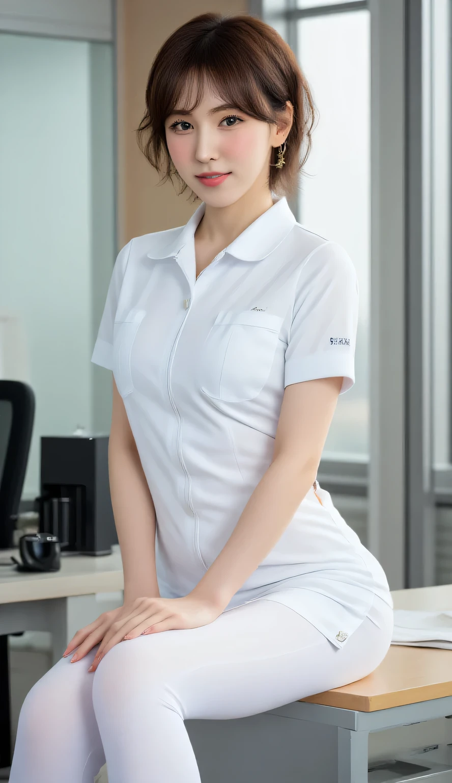 arafed woman mopping public school floor, kneeling on the floor with a black object in her hand, dressed in a white t shirt, wearing a white hospital gown, stood in a lab, at the hospital in patient gown, wet shirt, clothed in white shirt, 2 4 year old female model, in white clothes, close body shot, wearing a wet white short dress