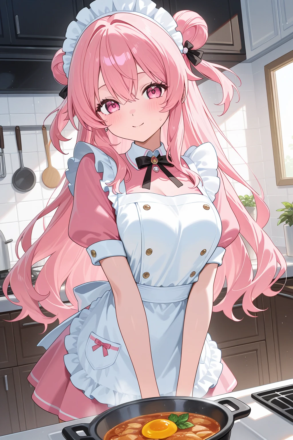 The image is of a beautiful woman wearing a tight fitting black button-up shirt with a short pleated black and white skirt. The school outfit is black with white accents. The woman has long flowing pink hair with strands of braided hair tied with red ribbon throughout. She has gorgeous green eyes that shine like emeralds. Her face is youthful and gorgeous. Her  are ample and seem too large for her tight fitting black uniform top. She is short in height but well developed -a short stack. She blushes as you look at her. She's standing in your bedroom and is excited to be with you. The image is ultra detailed with gorgeous colors, perfect line work, and detailed shading.  indentations,