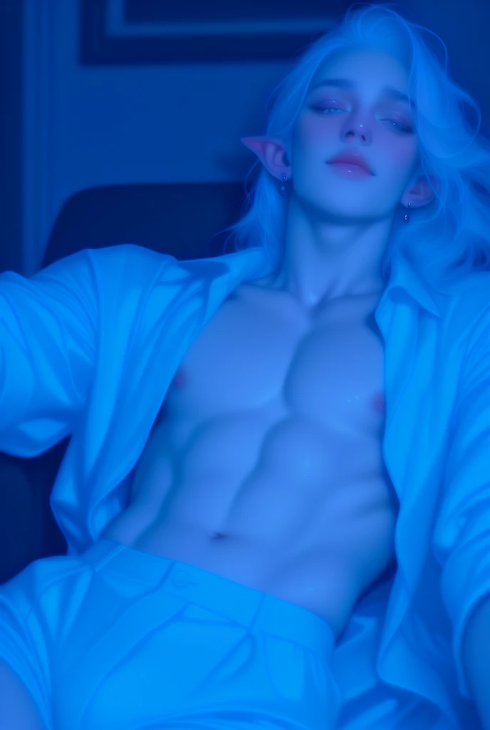 (1 boy, albino tall slender androgynous male Ice Queen, hoarfrost, pristine, precious, fragile beauty, translucent, thin neck, frail shoulders, flat , soft belly, curvy , his  and  are made of ice thus very fragile and vulnerable to heat, he is immortal while he is cold, but he can be shattered like glass and the warmth of love will kill him)