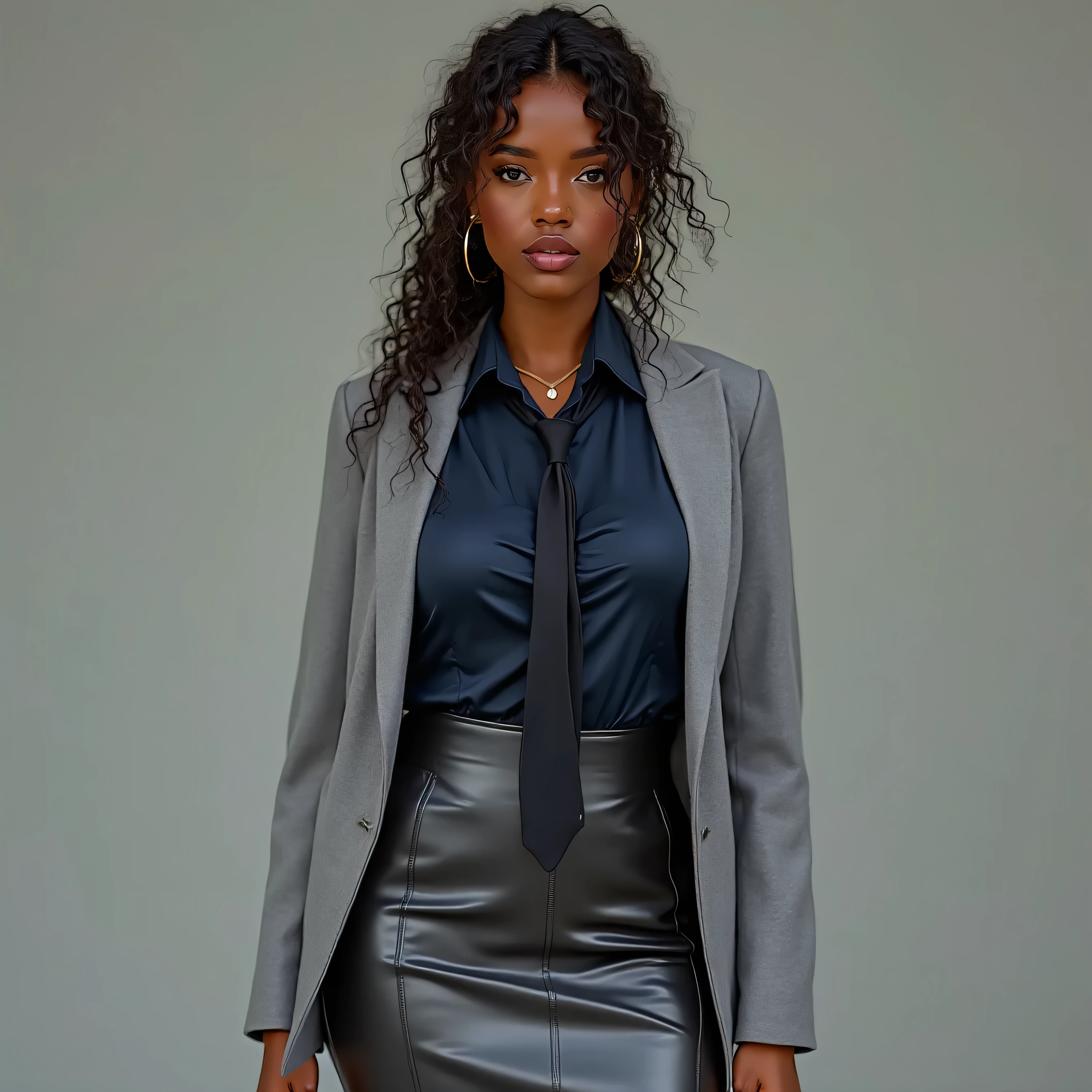 A realistic, high resolution photograph of a beautiful mulatto woman in her 20's; full body frontal view facing the camera with her arms at her side, looking at the camera. There is extra space in the photo above the top of her head. She has an hourglass, fashion model figure featuring large, rounded pushed up , large , and a slim waist. She has a long, curly coal black hair with a middle part in a low, loose ponytail. She has a perfect, heart shaped face, thin lips, a small nose, a short, bull neck, and ears that lay close to her skull. She has violet eyes, and a mocha complexion. Her lips are closed and she has an mischievous smirk. She is wearing a dark blue satin collared blouse, a black tie, a dark grey leather skirt, and a light grey woman's blazer. Her  are well defined beneath the clothing. There is no one else in the photo. There is extra space above the subject’s head and centered composition — suitable for magazine-style layout or cinematic framing. 