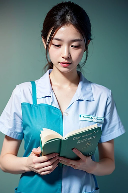 A young male twink, cute, beautiful, feminine, with a beautiful face with makeup, black hair, and his eyes have dark circles under them. He is wearing a long-sleeved aquamarine shirt and white jeans. He is in the College of Medicine, studying on the blackboard with brain  written on it. He is sitting at a desk with scientific books on it.  Medical and brain  manuscripts.