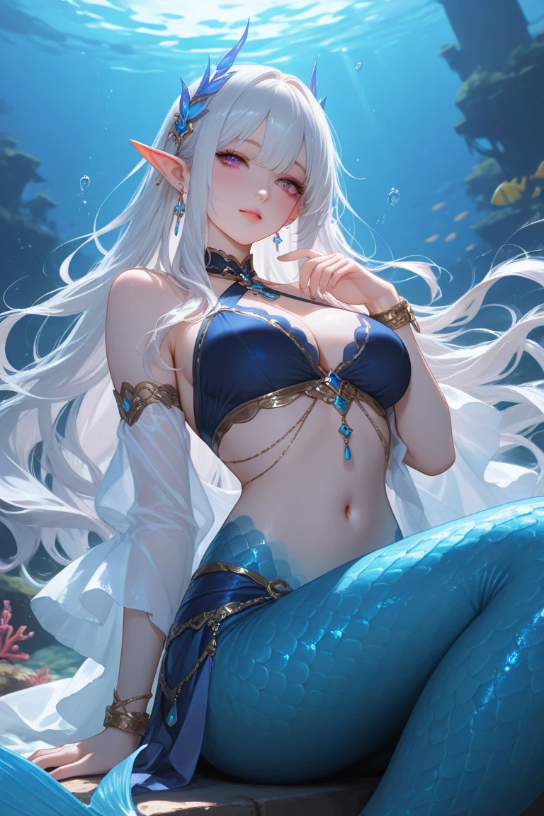 Best quality, super high resolution, (realism: 1.4), anime girl in water with long white hair, anime blue water wallpaper, Guvez works from pixiv art station, flawless white-haired girl, white-haired god, leading the trend at pixiv art station, fairy in the lake, gray hair in water, beautiful anime artwork in guviz.