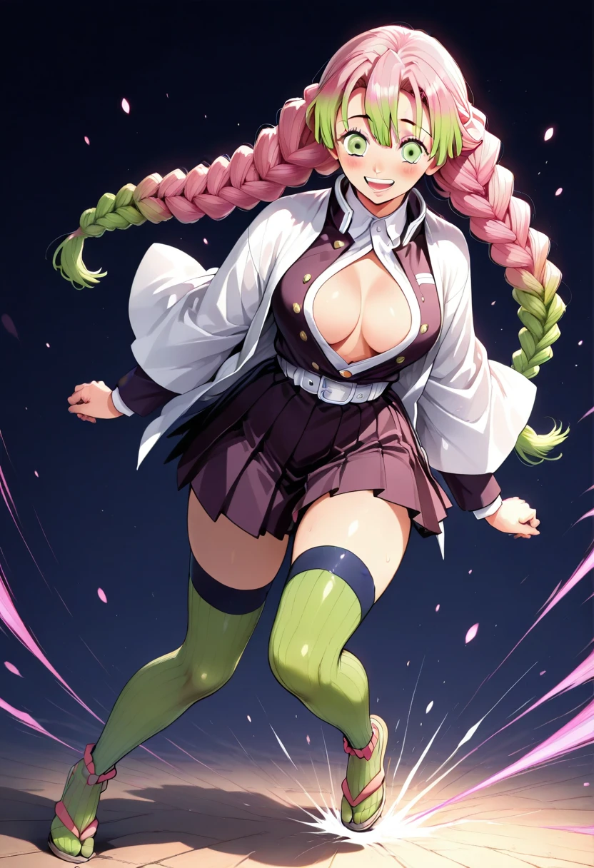 nffsw, nffsw, Sharp Focus, (8K), (4K), (masutepiece), (Best Quality), Fantasy, Very detailed, with an intricate, Ultra Detail, (perfect symmetry: 1.3), (bright bright green eyes:1.2)(Perfect eyes), Illustration, Soft lighting, Full body (Specular lighting: 1.4), High resolution, Absurd, Superior Quality, Full body (Perfect Body Detail), Good anatomy(masutepiece)Mitsuri has for a long time, Wavy pink hair falling on her back. His eyes are an impressive shade of green, Often described as seductive and seductive. Mitsuri has a slender but curved figure, with pronounced proportions that emphasize her femininity,,. She is often dressed in gentle clothes, A warm smile on her face, Exude friendliness, Friendly attitude. The costume: Mitsuri is a member of the Demon Slayer Corps.、Wearing standard uniforms, Built in black turtleneck jacket, In a white haori with the symbol of the Demon Slayer Corps. She combines this with black hakama and green leggings and dark green socks, Traditional sandals in Japan with pink details. Mitsuri also、Wearing a pink hair clip with a distinctive butterfly shape, Represents her unique and vibrant personality. Struggling to see your audience.