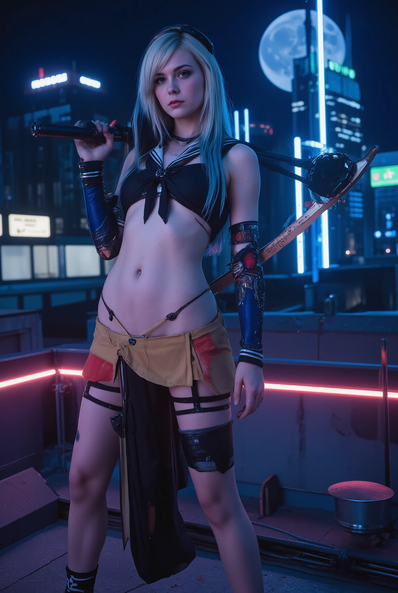 ((ELLE FANNING features: 1.7)),photo, (((epic realism: 1.8))), (((Low angle full body shot: 1.8))) , photo ultra realista de una chica cosplayer impresionante (   22-25 years   ), (((adult content: 1.8))). ((( : 1.9))) (((: 1.8))  ((( Exposed  : 1.8))  (((exposed : 1.8))  (((exposed : 1.8)) ((full body : 1.9)) ----- dynamic pose, perspective, extreme perspective, Kanban, White to blue hair, bright blue eyes,long hair、((Cyber JK))、Machine Girl、alone ,((   cyborg girl )) , cyber sailor suit、sleeveless、cyber pleated skirt、Cyber Knee High Socks、cyber headset、small breasts、mechanical prosthesis、no expression、Thighs are skin colored、is fighting、((Carrying a Japanese Sword on Her Shoulder))、cool pose、night、Cyber City rooftop looking to the left of the screen、 full moon、