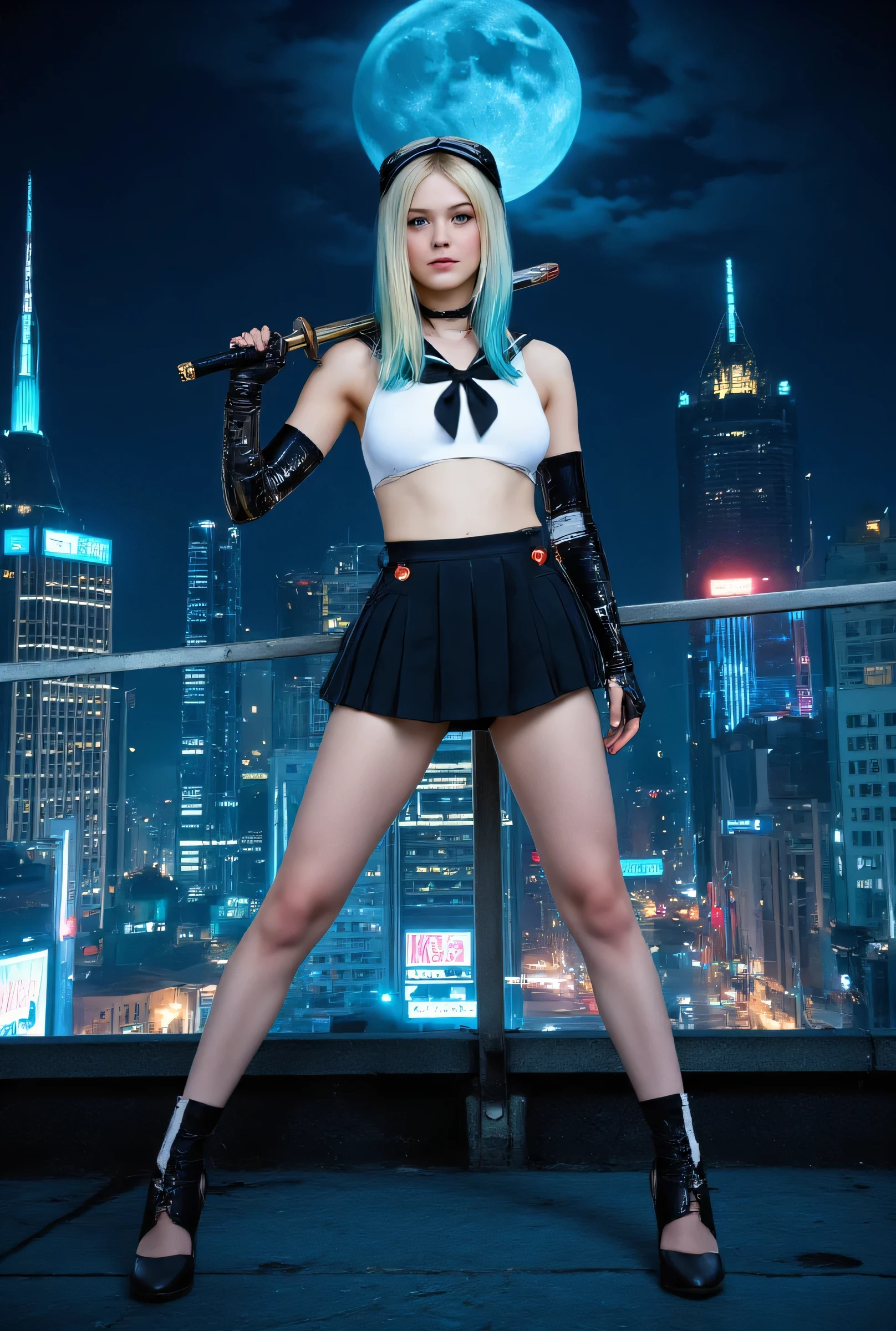 ((ELLE FANNING features: 1.7)),photo, (((epic realism: 1.8))), (((Low angle full body shot: 1.8))) , photo ultra realista de una chica cosplayer impresionante (   22-25 years   ), (((adult content: 1.8))). ((( : 1.9))) (((: 1.8))  ((( Exposed  : 1.9))  (((exposed : 1.99))  (((exposed : 1.8)) ((full body : 1.9)) ----- dynamic pose, perspective, extreme perspective, Kanban, White to blue hair, bright blue eyes,long hair、((Cyber JK))、Machine Girl、alone ,((   cyborg girl )) , cyber sailor suit、sleeveless、cyber pleated skirt、Cyber Knee High Socks、cyber headset、small breasts、mechanical prosthesis、no expression、Thighs are skin colored、is fighting、((Carrying a Japanese Sword on Her Shoulder))、cool pose、night、Cyber City rooftop looking to the left of the screen、 full moon、