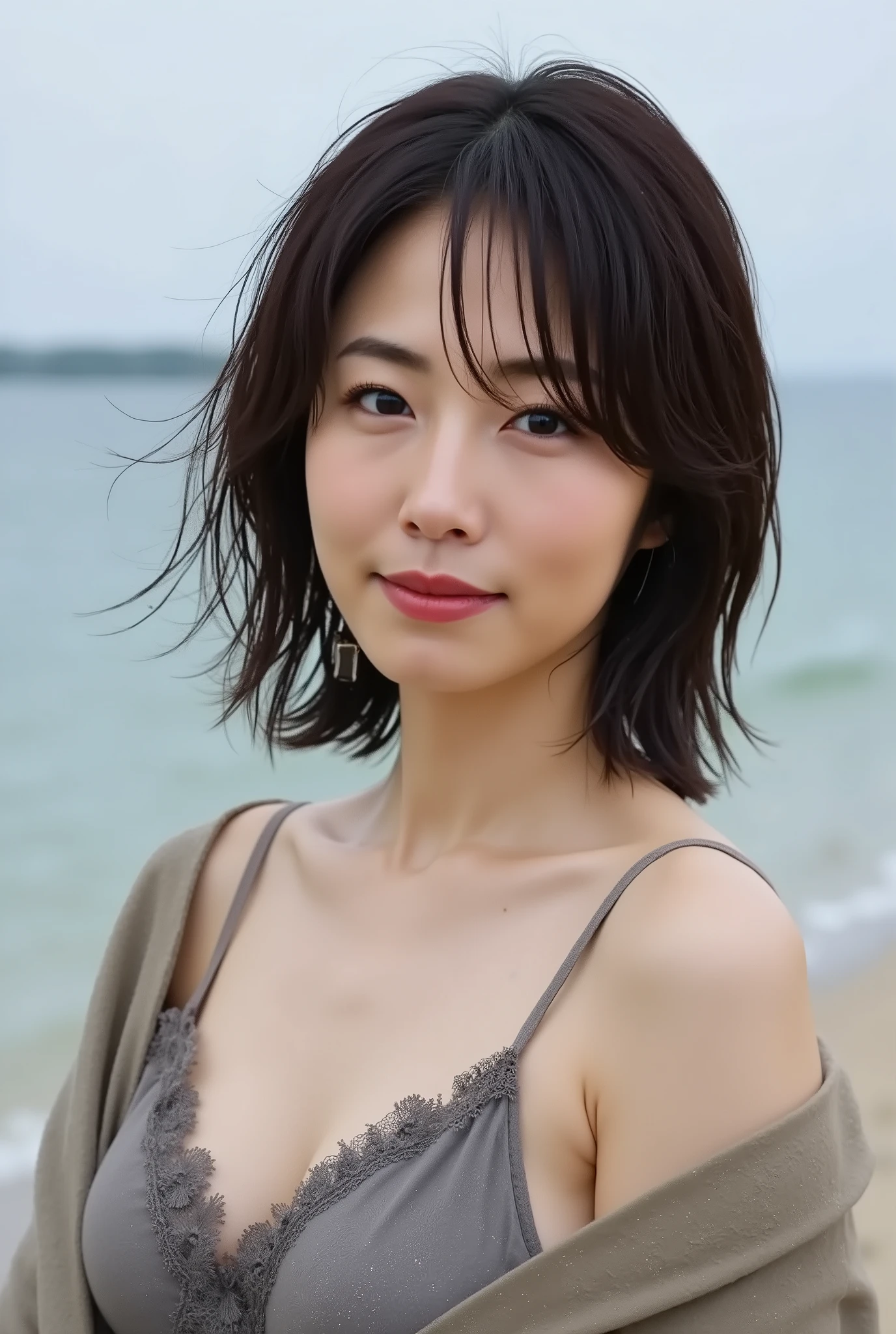 (( premium quality on the shores of everlasting summer,  8k )), ((masterpiece)), ( details),    、dark hair,  Japanese Girl,   One Person's Point of View   ,One Woman, thin girl, petite girl ,   sexy,(  full nude,  in the bedroom),(((    very large breasts,  full nude,  beautiful breasts, short bob hair , dark hair))),  ((dark hair )) , (( No Decorations,  no accessories,   full nude,     without makeup))