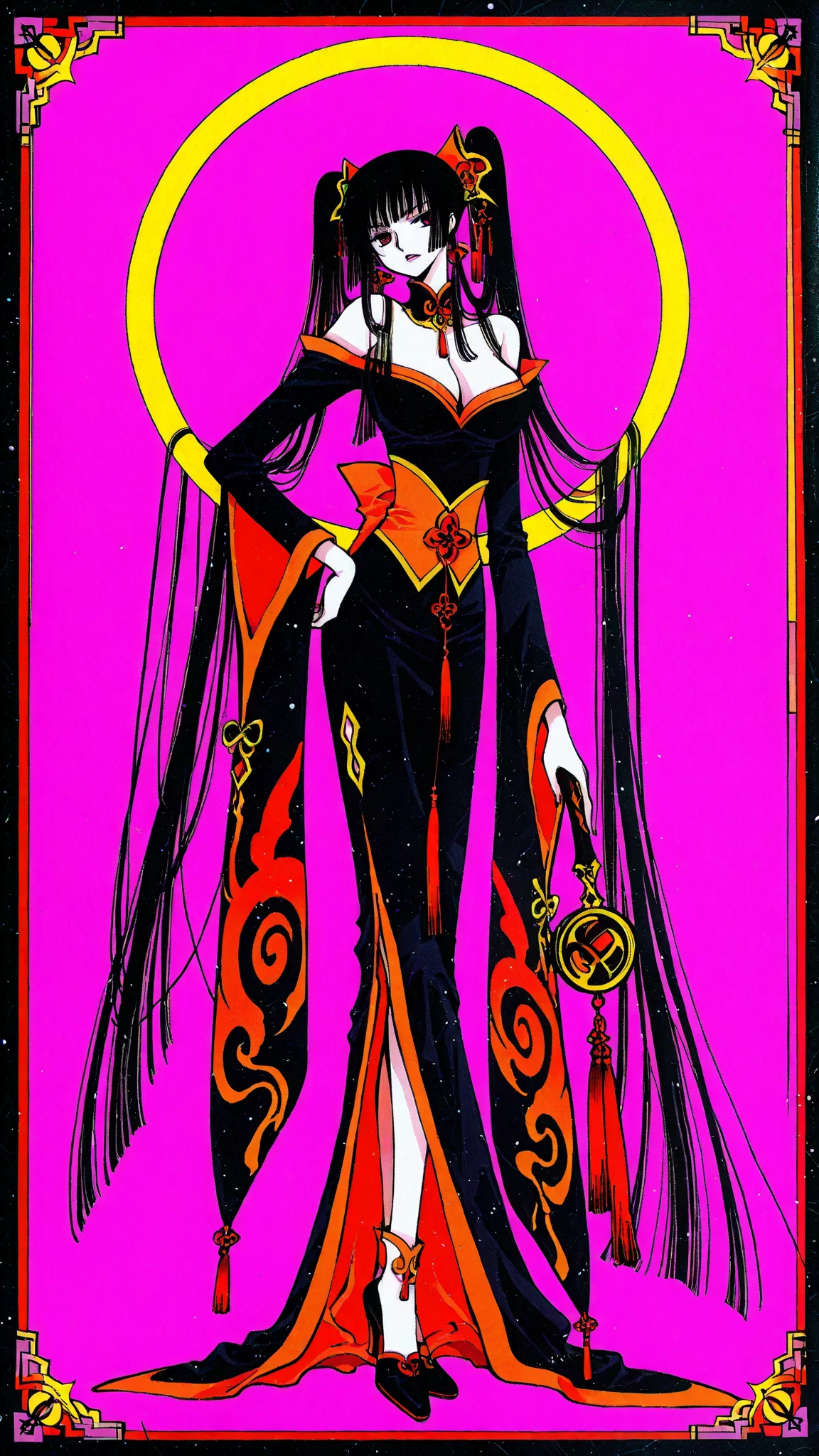  Fantasy, Gothic, (Red leather, Yellow cape, Elegance:1.0), Stunning Vixen,  Armor, Vintage Illustration, Yoshitaka Amano-inspired Enchantress.