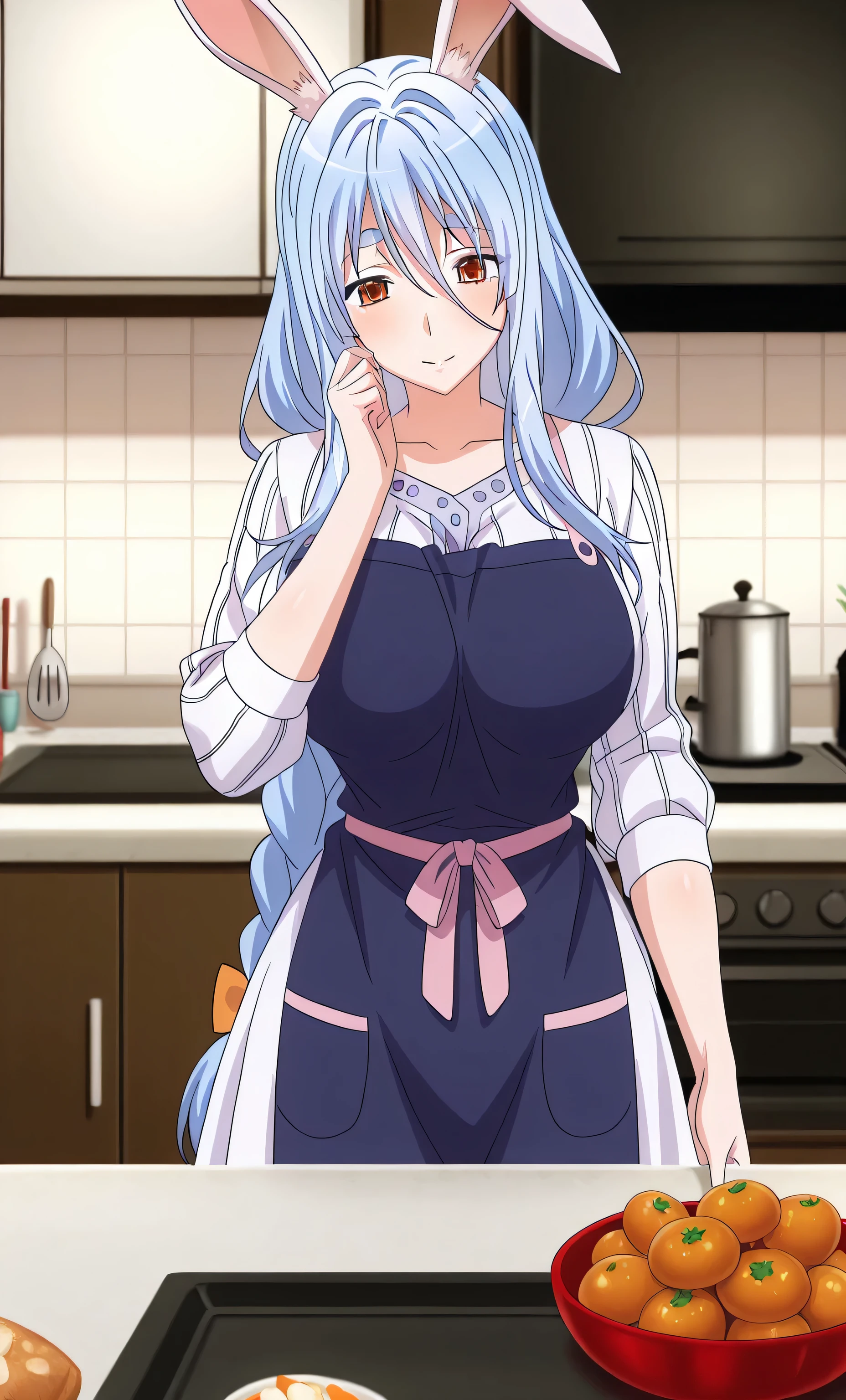 1women, solo, Pekomama, blue hair, long hair, almond eyes, rabbit ear, white dress, blue apron, , mother, kitchen, women focus High School DxD Hero Style,
