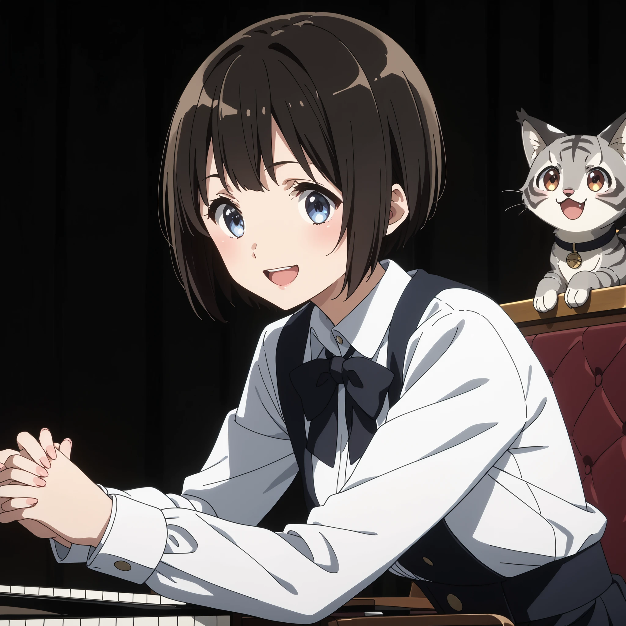 gray pheasant tiger cat、short cut girl with Usopp nearby、 playing the piano、younger, Black-haired character , presumably children or teenagers , , Smile of joy, dynamically drawn , dark gray similar to cats and dogs, background full of stars. They have white long-sleeved shirts with ash-tiger accents and playful dark-colored pants. characters、 is small, falling or flying towards the white animals , Holding hands at、has unique gray and black spots. the animals also appear to be falling or floating , wide, surprised eyes and slightly open mouths . big, is small星で飾られたものもある, occupy the top and right parts of the image , the overall mood is whimsical and adventurous , conveyed by the characters' facial expressions and poses .gray pheasant tiger cat、short cut girl with Usopp nearby、she's in front of a grand piano、she's a piano recital、she's a piano instructor、smiling with an adorable gray cat、she enjoys the piano、With both black pianos、Gray furry cat、Exact index amount、Precise keys、A cat with a glossy coat、two people facing each other、Embracing Gesture、The two hugging each other、stare at each other