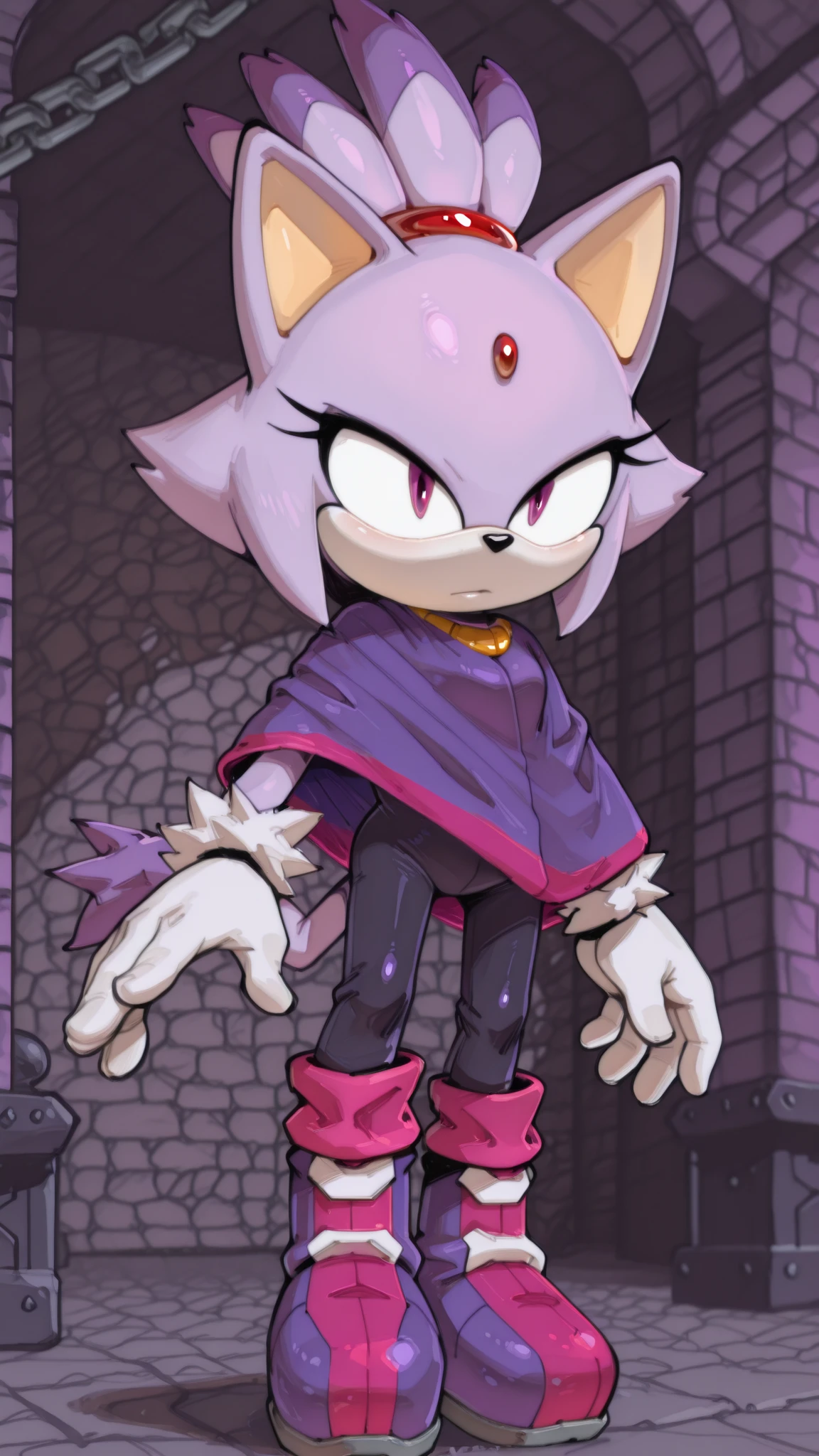 masterpiece, best quality, amazing quality, very aesthetic, high resolution, ultra-detailed, absurdres, newest, scenery, furry, anthro, sonic \(series\), 1girl, female furry, blaze the cat, forehead jewel, animal ears, cat ears, tail, cat tail, furry female, cat girl, furry, fur trim, Blaze_OM, (onmodelblobian), depth of field, detailed fluffy fur, volumetric lighting, dark dungeon setting, (big purple poncho, black leggins, purple boots, crimson eyes), dynamic angle, dynamic pose