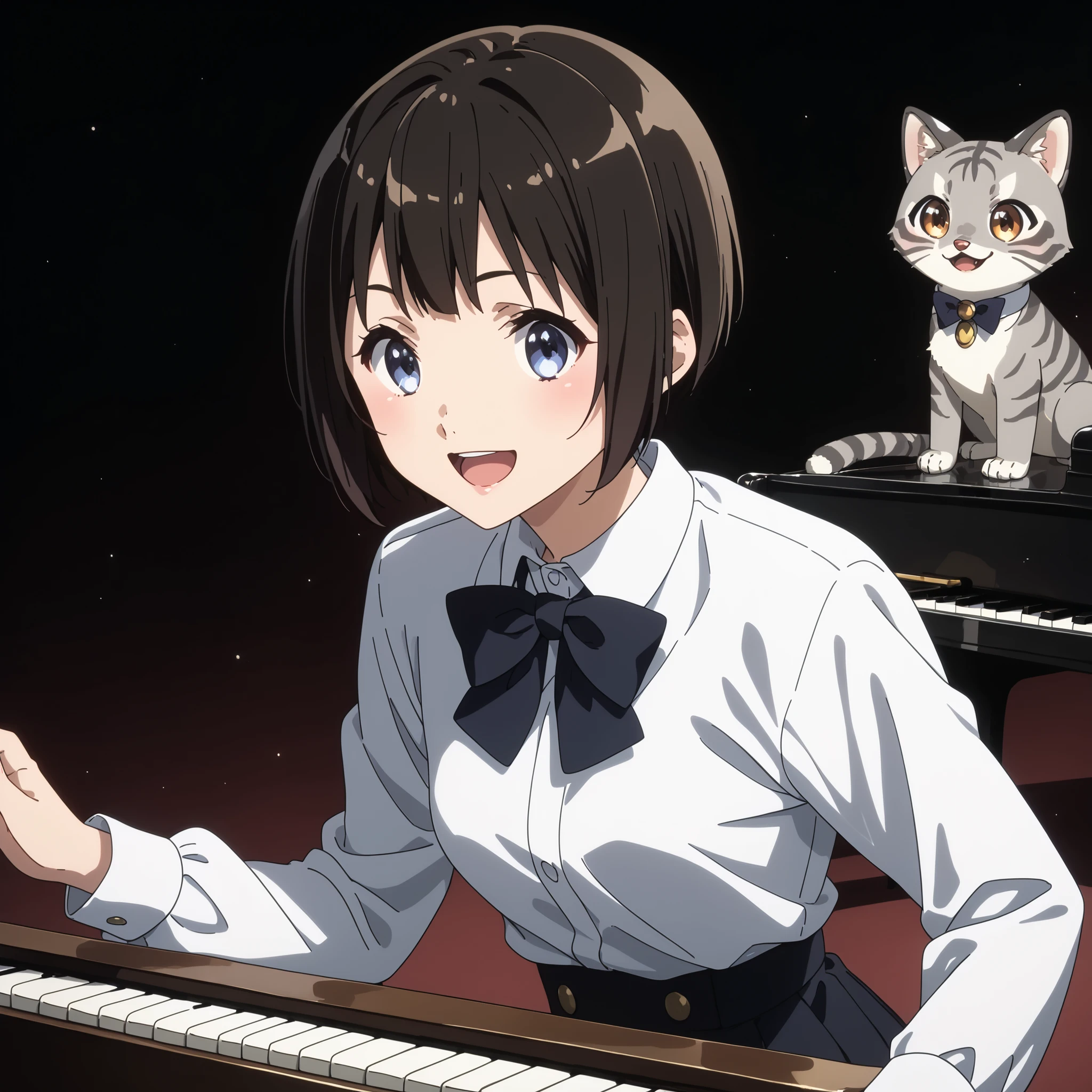 gray pheasant tiger cat、short cut girl with Usopp nearby、 playing the piano、younger, Black-haired character ,  presumably children or teenagers , , Smile of joy,  dynamically drawn , dark gray similar to cats and dogs, background full of stars. they have a long sleeve white shirt with gray tiger accents and playful dark pants. characters、 is small,  falling or flying towards the white animals , Holding hands at、has unique gray and black spots.  the animals also appear to be falling or floating , wide,  surprised eyes and slightly open mouths . big, is small星で飾られたものもある,  occupy the top and right parts of the image ,  the overall mood is whimsical and adventurous ,  conveyed by the characters' facial expressions and poses .gray pheasant tiger cat、short cut girl with Usopp nearby、she's in front of a grand piano、she's a piano recital、she's a piano instructor、smiling with an adorable gray cat、she enjoys the piano、With both black pianos、Gray furry cat、Exact index amount、Precise keys、A cat with a glossy coat、gray pheasant tiger cat、short cut girl with Usopp nearby、 playing the piano、younger, Black-haired character ,  presumably children or teenagers , , Smile of joy,  dynamically drawn , dark gray similar to cats and dogs, background full of stars. they have a long sleeve white shirt with gray tiger accents and playful dark pants. characters、 is small,  falling or flying towards the white animals , Holding hands at、has unique gray and black spots.  the animals also appear to be falling or floating , wide,  surprised eyes and slightly open mouths . big, is small星で飾られたものもある,  occupy the top and right parts of the image ,  the overall mood is whimsical and adventurous ,  conveyed by the characters' facial expressions and poses .gray pheasant tiger cat、short cut girl with Usopp nearby、she's in front of a grand piano、she's a piano recital、she's a piano instructor、smiling with an adorable gray cat、she enjoys the piano、With both black pianos、Gray furry cat、Exact index amount、Precise keys、A cat with a glossy coat、two people facing each other、Embracing Gesture、The two hugging each other、stare at each other、