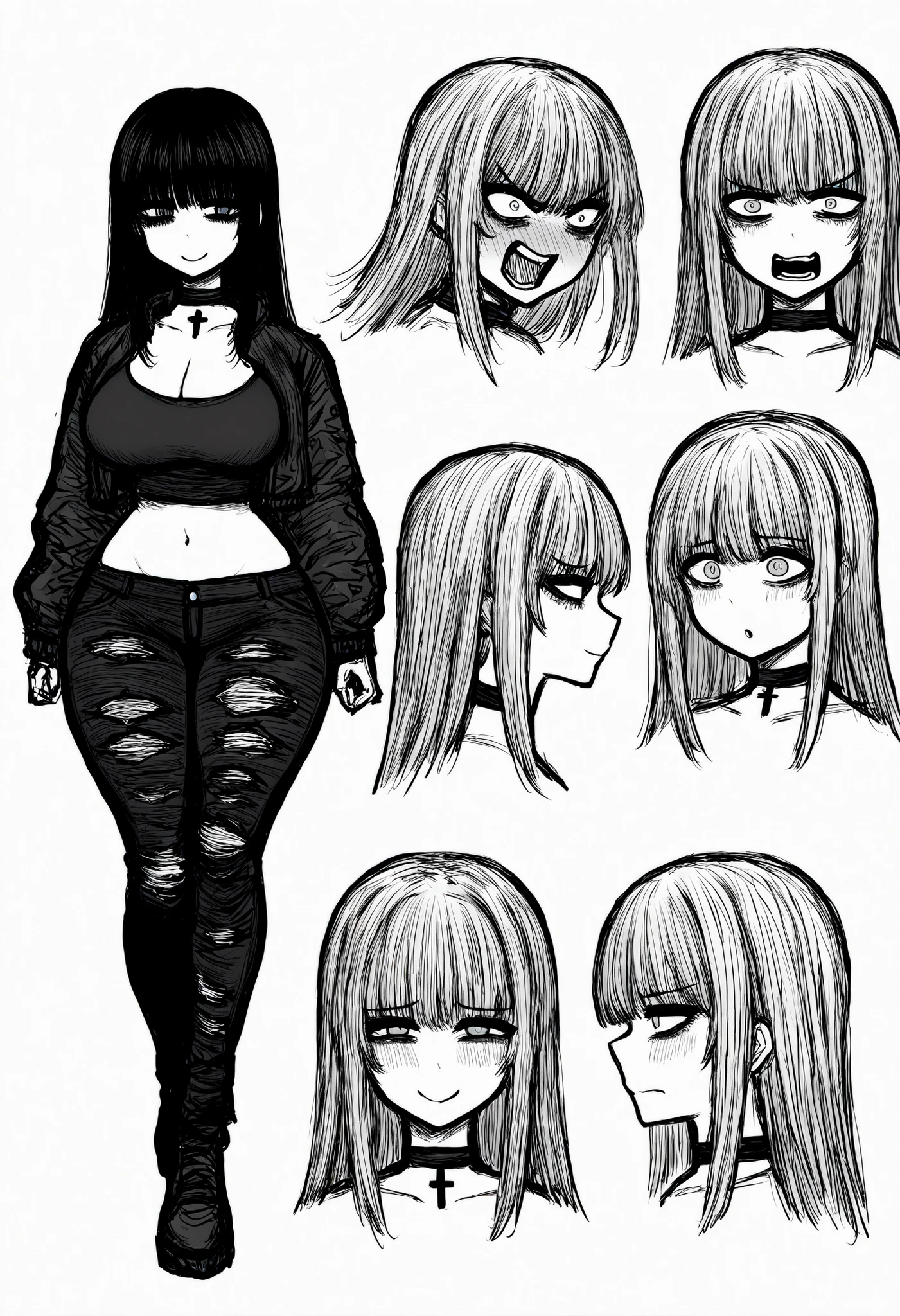 (masterpiece), best quality, 1girl, perfect face,curvy body,(cute face),curvy body,big breasts,wide hips, very thick thighs,choker, perfect face,goth style clothes,ears pericing,crop top,cropped puffy jacket,choker Of Cross Pendant,grey eyes,black hair,straight hair,long hair,torn pants, constricted pupils,angry,blushing,smile,black pants,white background,sketch drawing,monochrome,expressions, reference sheet, multiple views, character sheet,black souls style