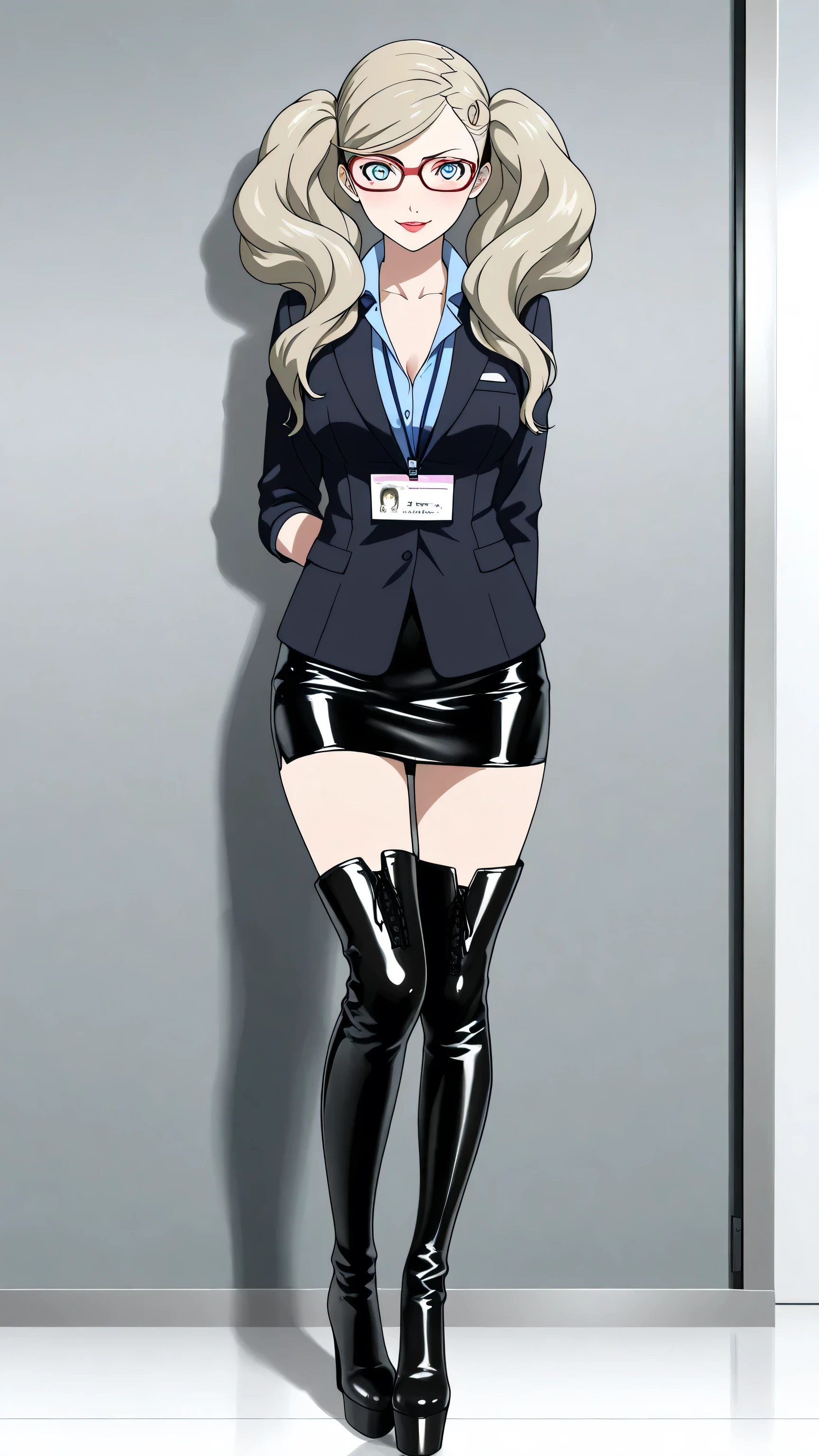 posing, secretary, name tag, glasses, latex skirt, shirt, long sleeves, collarbone, jacket, blue latex shirt, black latex skirt, formal, suit, office lady, skirt suit,, p5ann, bright blue eyes, takamaki anne, blonde hair, long hair, twintails, swept bangs, hair clip, 1girl, solo, black high heels BOOTS, thigh-high boots, 8 inch heels, platform boots, masterpiece, dakimakura, high resolution, blush, looking at viewer, standing up, masterpiece, best quality, high quality facial features, perfect eyes, facing directly, 4k , 8k , high resolution, shown fully in frame, Perfect body woman, Well proportionated Symmetrical body, hip dips, full body shown, voluptuous body, , smiling, blushing, blue eyeshadown, red lipstick, eyelashes, makeup, glossy lips, smirk