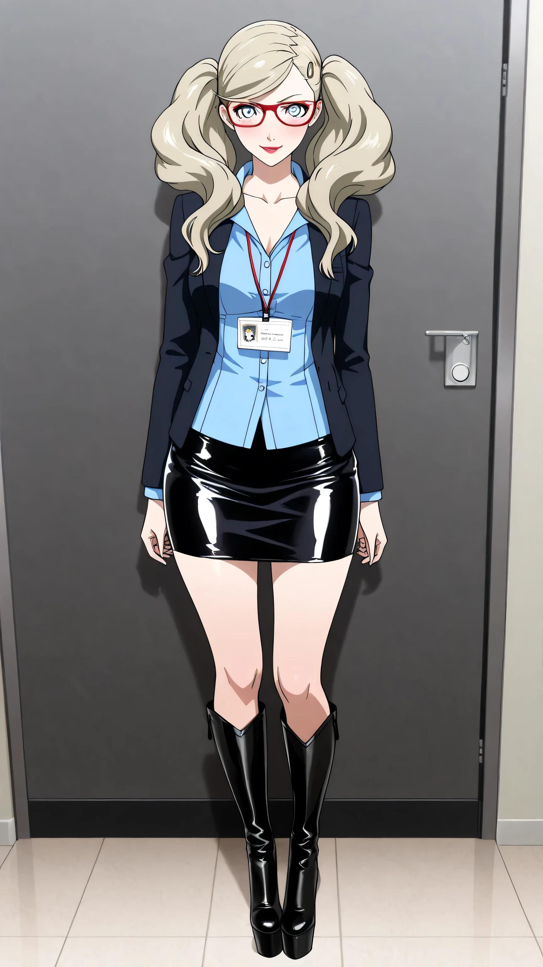posing, secretary, name tag, glasses, latex skirt, shirt, long sleeves, collarbone, jacket, blue latex shirt, black latex skirt, formal, suit, office lady, skirt suit,, p5ann, bright blue eyes, takamaki anne, blonde hair, long hair, twintails, swept bangs, hair clip, 1girl, solo, black high heels BOOTS, thigh-high boots, 8 inch heels, platform boots, masterpiece, dakimakura, high resolution, blush, looking at viewer, standing up, masterpiece, best quality, high quality facial features, perfect eyes, facing directly, 4k , 8k , high resolution, shown fully in frame, Perfect body woman, Well proportionated Symmetrical body, hip dips, full body shown, voluptuous body, , smiling, blushing, blue eyeshadown, red lipstick, eyelashes, makeup, glossy lips, smirk