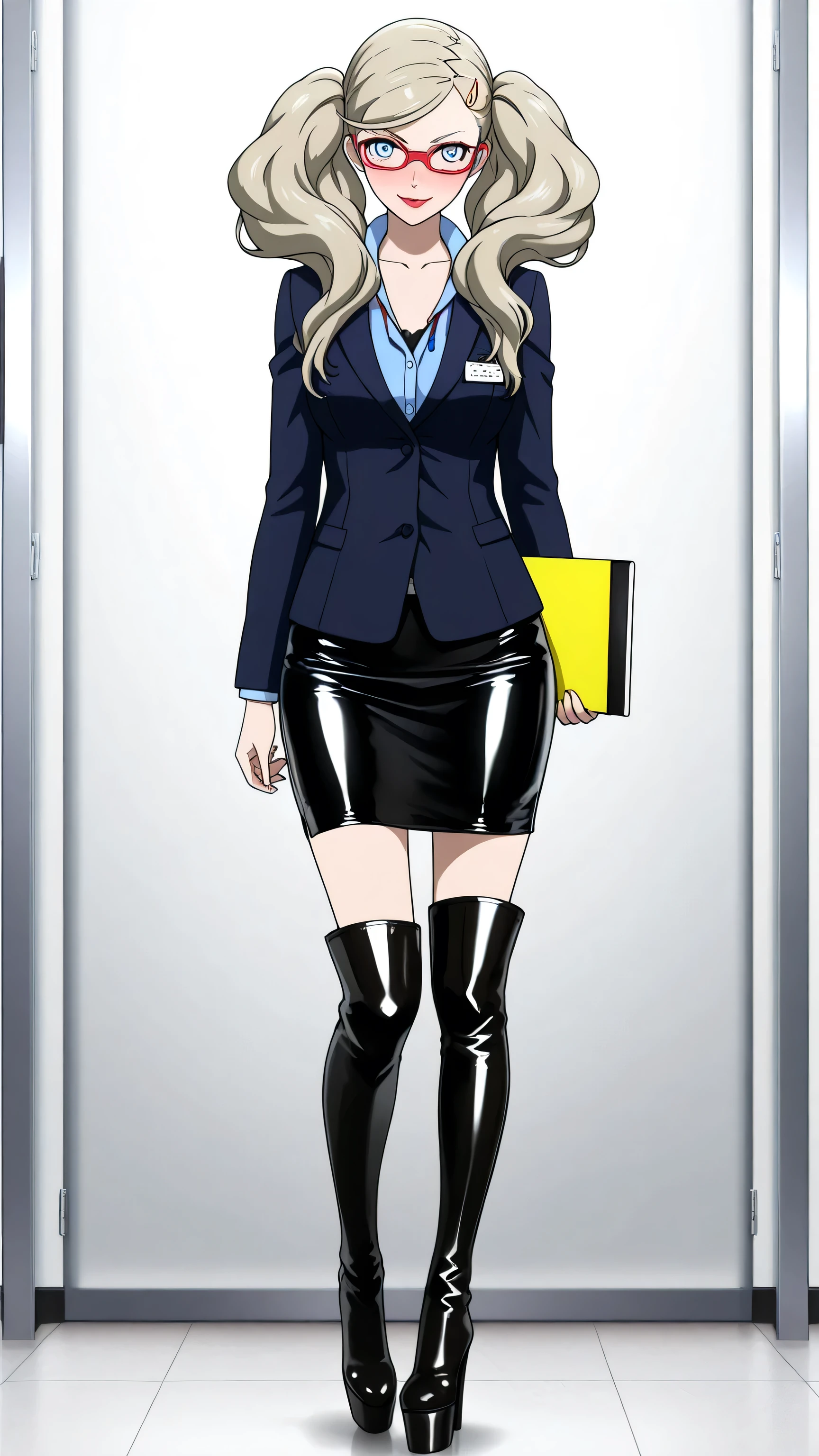 holding folder and phone , secretary, name tag, glasses, latex skirt, shirt, long sleeves, collarbone, blue latex shirt, black latex skirt, office lady, skirt suit,, p5ann, bright blue eyes, takamaki anne, blonde hair, long hair, twintails, swept bangs, hair clip, 1girl, solo, black high heels BOOTS, thigh-high boots, 8 inch heels, platform boots, masterpiece, dakimakura, high resolution, blush, looking at viewer, standing up, masterpiece, best quality, high quality facial features, perfect eyes, facing directly, 4k , 8k , high resolution, shown fully in frame, Perfect body woman, Well proportionated Symmetrical body, hip dips, full body shown, voluptuous body, , smiling, blushing, blue eyeshadown, red lipstick, eyelashes, makeup, glossy lips, smirk