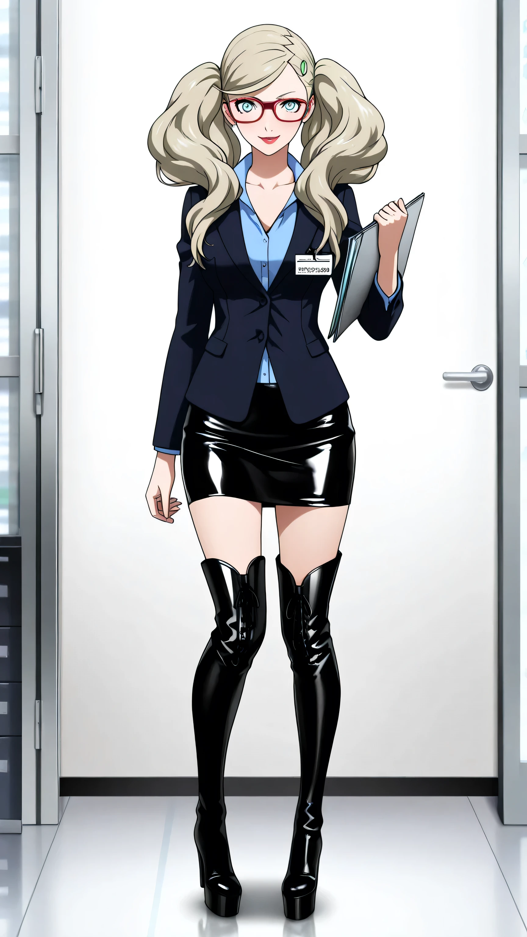 holding folder and phone , secretary, name tag, glasses, latex skirt, shirt, long sleeves, collarbone, blue latex shirt, black latex skirt, office lady, skirt suit,, p5ann, bright blue eyes, takamaki anne, blonde hair, long hair, twintails, swept bangs, hair clip, 1girl, solo, black high heels BOOTS, thigh-high boots, 8 inch heels, platform boots, masterpiece, dakimakura, high resolution, blush, looking at viewer, standing up, masterpiece, best quality, high quality facial features, perfect eyes, facing directly, 4k , 8k , high resolution, shown fully in frame, Perfect body woman, Well proportionated Symmetrical body, hip dips, full body shown, voluptuous body, , smiling, blushing, blue eyeshadown, red lipstick, eyelashes, makeup, glossy lips, smirk