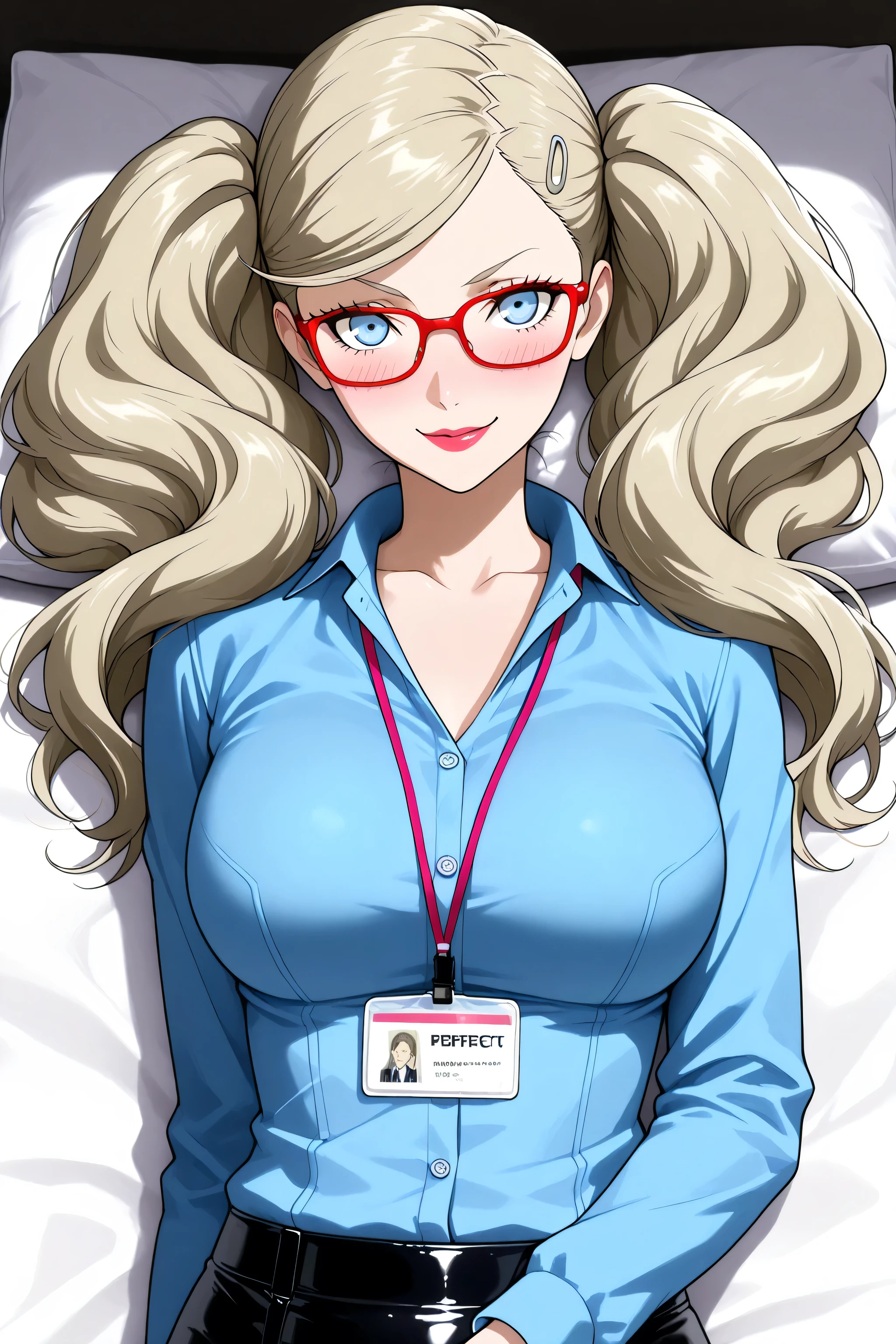 name tag, glasses, latex skirt, shirt, long sleeves, collarbone, blue latex shirt, black latex skirt, office lady, p5ann, bright blue eyes, takamaki anne, blonde hair, long hair, twintails, swept bangs, hair clip, 1girl, solo, masterpiece, dakimakura, high resolution, blush, looking at viewer, masterpiece, best quality, high quality facial features, perfect eyes, facing directly, 4k , 8k , high resolution, , Perfect body woman, Well proportionated Symmetrical body, hip dips, voluptuous body, , smiling, blushing, blue eyeshadown, red lipstick, eyelashes, makeup, glossy lips, smirk, face only, focus on face,