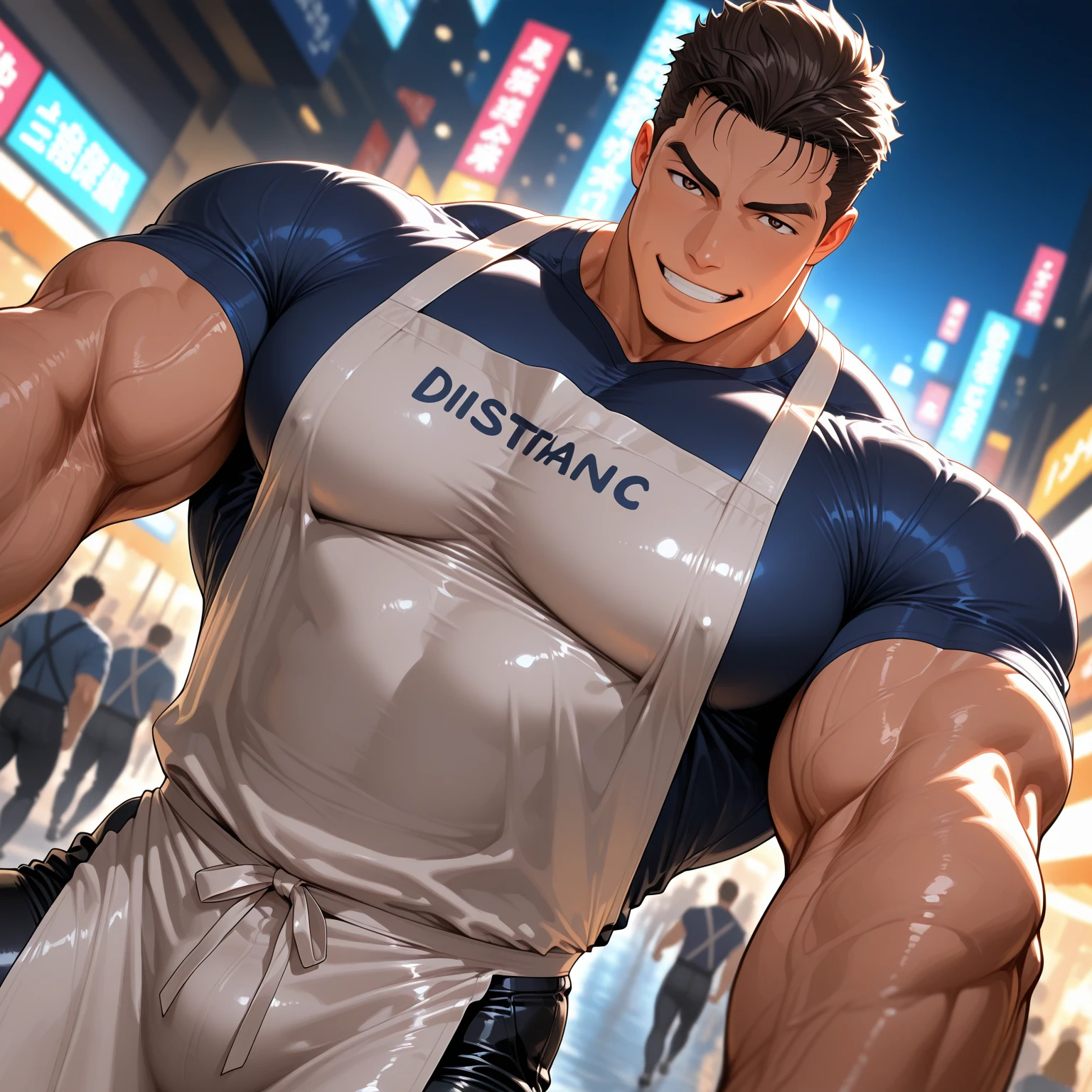 (handsome Man sitting on table eating bread ),(crew cut short hair:1.8),black eye,(Wear a fitted round neck t-shirt in navy with a police badge.:1.5),(fit neck),Navy blue jeans,(black_gloves:1.2), Korean guy,chest muscles,large arm muscles,blood vessel,Big muscles,Broad shoulders, (open mouth:1.2),(face up:1.2),(open eyes:1.5), middle of the road,smile, In the bread shop, 