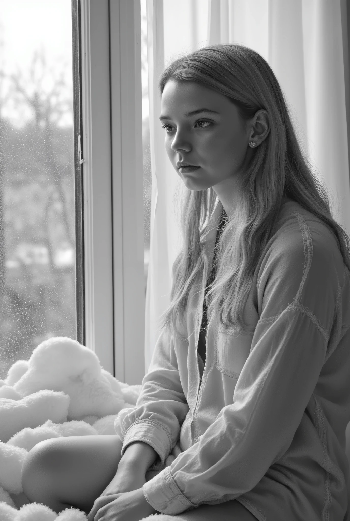 A young girl, likely in her twenties, sits by a window, bathed in soft, natural light, creating a serene, almost melancholic atmosphere. She is dressed in a sheer, light-colored, long-sleeved shirt, possibly unbuttoned or very loose, revealing her bare legs. Her white hair cascades over one shoulder. The girl is seated on a fluffy, white rug or blanket, which provides a soft contrast to the hard lines of the window frame. The background through the window is blurred, suggesting an outdoor scene, possibly suburban, with faint outlines of trees. The image is rendered in black and white, enhancing the contemplative and timeless mood. Photorealistic style, with emphasis on fashion and beauty. The slightly out-of-focus background enhances the focus on the girl and a sensual expression on her face. detailed face. small breasts. open legs. natural light skin tone. the light shines on her naked back. detailed skin texture. realistic skin with vellus hair. dramatic lighting. masterpiece. ultra-detailed. high quality. hyperrealism. intricate details.