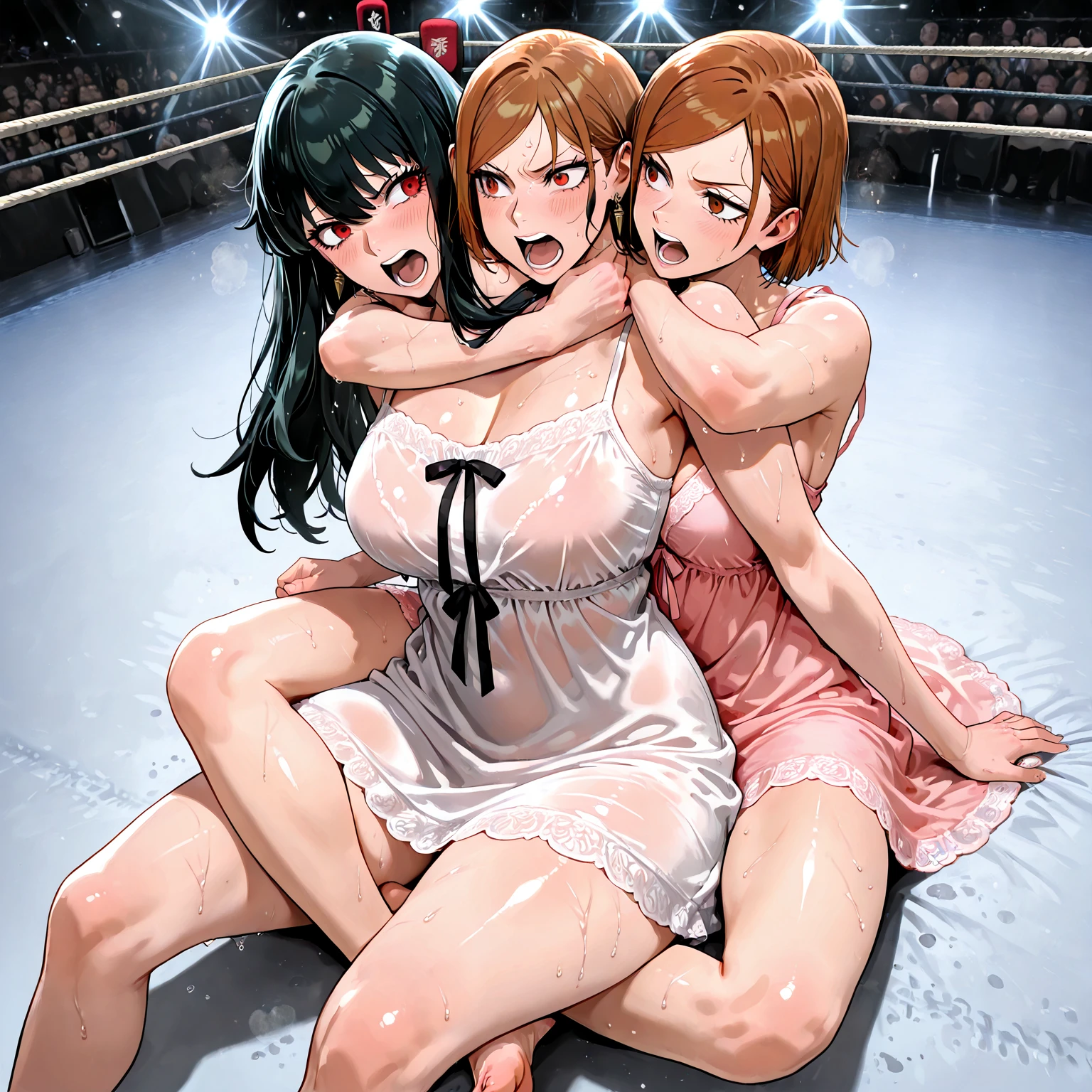 3females,blowjob,handjob,black hair,brown hair,short hair,tongue out,sweaty,aroused and happy,looking at penis,bukkake on face,brown blouse,conservative fashion,,at nightclub,females licking 1 pov,from above,bukkake on face,(only 1,