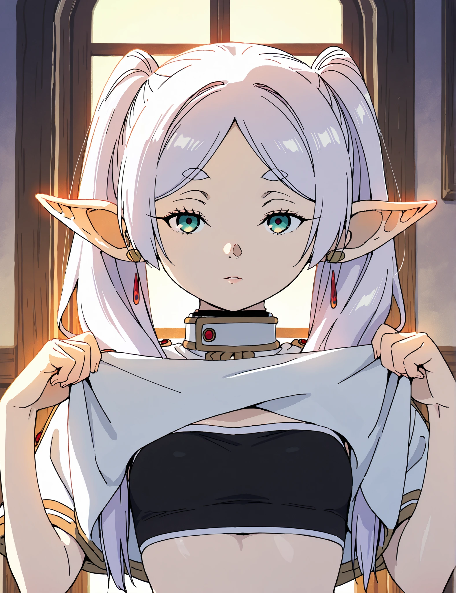 score_9, score_8_up, score_7_up, score_6_up, score_5_up, score_4_up, masterpiece, high quality, BREAK, full body, 1girl,    <lora:Strip_Apology_Pony__Illustrious:0.8> strip apology, nude, bowing, on knees, bending forward, clothes folded, clothes on ground, items on ground, clothes removed, <lora:Frieren_Frieren_Beyond_Journeys_End_-_Illustrious_r1:0.5> : Elf, pointy ears, gray hair, long hair, parted bangs, twintails, green eyes, earrings, frieren standard robe outfit