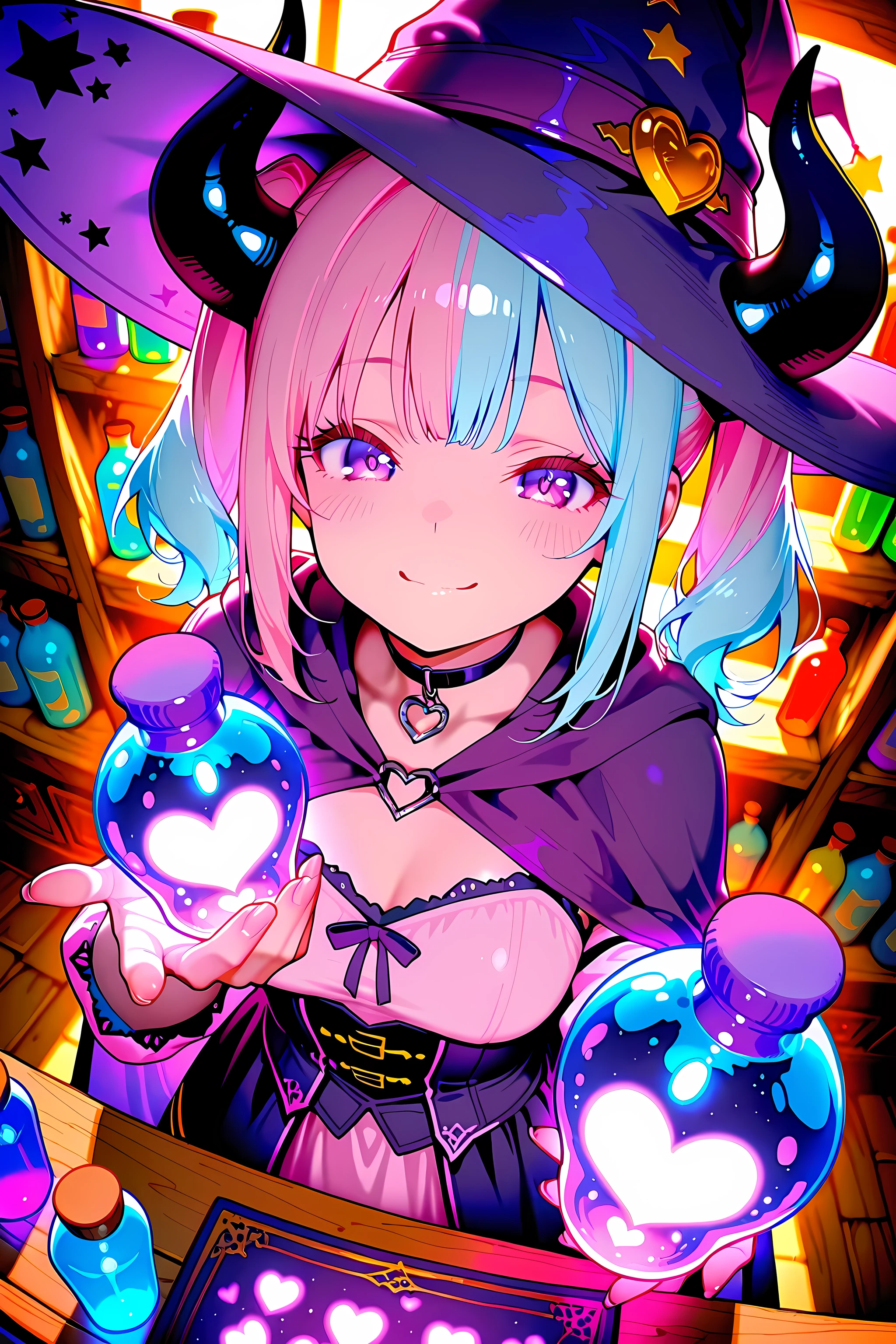 ((purple eyes)), (two-tone hair, pink hair, light blue hair), twin tails, (black horns), (heart charm choker), 
witch hat, purple cape, fantasy outfit, mischievous smile, 
holding glowing dream bottle, reaching hand toward viewer, 
from above angle, dutch angle, 
fantasy shop interior, shelves with colorful bottles, magical particles, glowing orbs, 
warm lighting, magical atmosphere, depth of field,
masterpiece, best quality, detailed