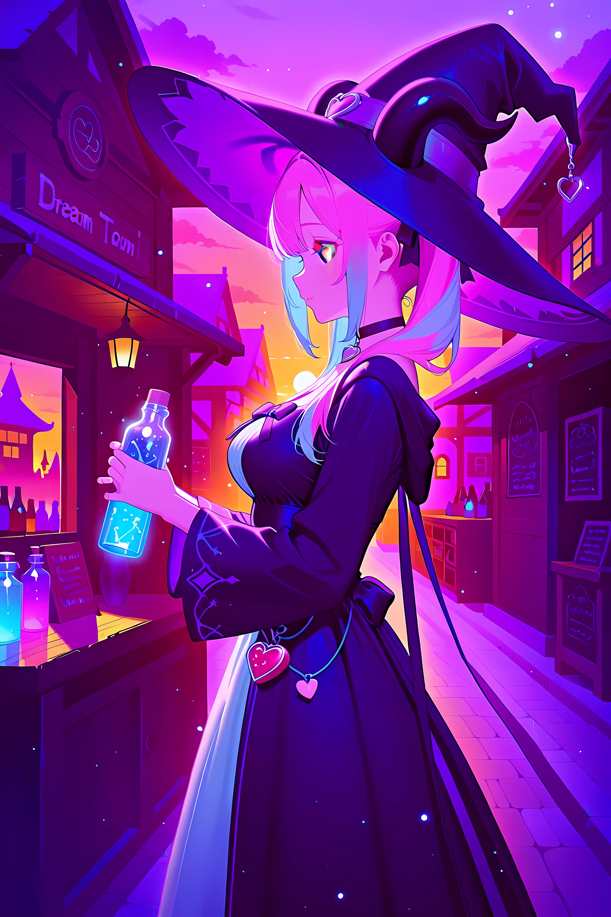 ((purple eyes)), (two-tone hair, pink hair, light blue hair), twin tails, (black horns), (heart charm choker),
witch robe, pointed hat with ribbons, elegant fantasy dress,
side view, profile, holding dream bottle, gazing at glowing bottle,
standing outside fantasy shop, wooden sign "Dream Rental", 
sunset sky, magical town background, floating light particles, dreamy atmosphere,
soft lighting, cinematic composition, bokeh,
masterpiece, best quality, highly detailed