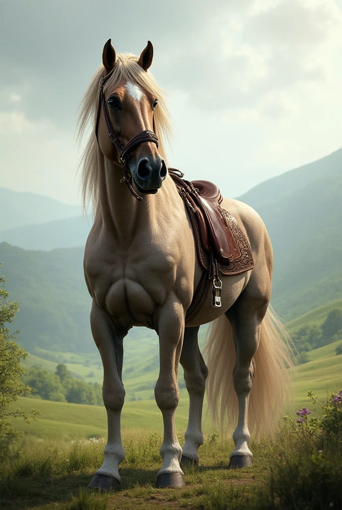 big fat Belgian draft horse mare. massive bum. very short tail. horse facing horizon . (riding horse very full figured, very dark skinned, , African woman) flat grass meadow. a single huge pile of steaming horse dung behind horse. cloudless blue sky.