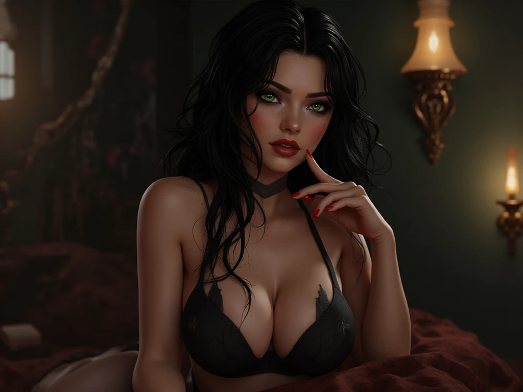 {-erro_de_anatomia:1.0}(Masterpiece - Ultra-Detailed, High Resolution) Prepare to be enchanted by a true masterpiece that combines ultra-detailed art with high-resolution rendering. This work shows a mesmerizing woman, with short black hair, 1950s style,(1.3) and captivating green eyes (1.2), New York illustration style, wearing red lipstick, emanating an aura of elegance and mystery. Wearing classic 1950s clothes. Sexiest. Intricate details and realistic textures invite you to explore every aspect of this enchanting composition. Transparent black dress. Lying in bed. . Get ready to dive into a world where beauty and craftsmanship merge perfectly.