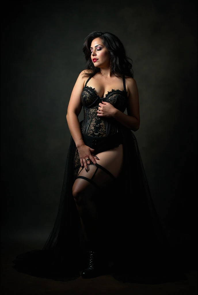 cinematic film still of  <lora:Alcina Dimitrescu v2:0.9>
Alcina Dimitrescu a woman in a black hat and a black dress, detailed edges, cinematic, pale skin, Alcina Dimitrescu style, 1girl, solo, breasts, looking at viewer, short hair, black hair, dress, thighhighs, hat, cleavage, jewelry, underwear, panties, thighs, earrings, teeth, necklace, bra, huge breasts, black headwear, black panties, makeup, thick thighs, lipstick, black bra, sun hat, mature female, hanging breasts, pearl necklace, tall female, veiny breasts, corsage
, shallow depth of field, vignette, highly detailed, high budget, bokeh, cinemascope, moody, epic, gorgeous, film grain, grainy