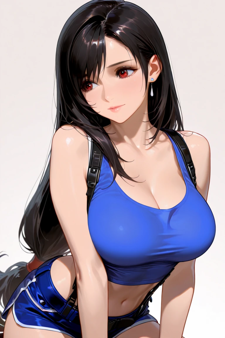 tifa, cleavage, huge breasts, blue dress<lora:fcTifa-V3:1>, choker, bodycon minidress, breasts, face, eyes, vibrant hair, masterpiece, best quality, full body, bending forwards, realistic, looking up at viewer, looking down at subject, heels, hands, fingers, arms down at side
