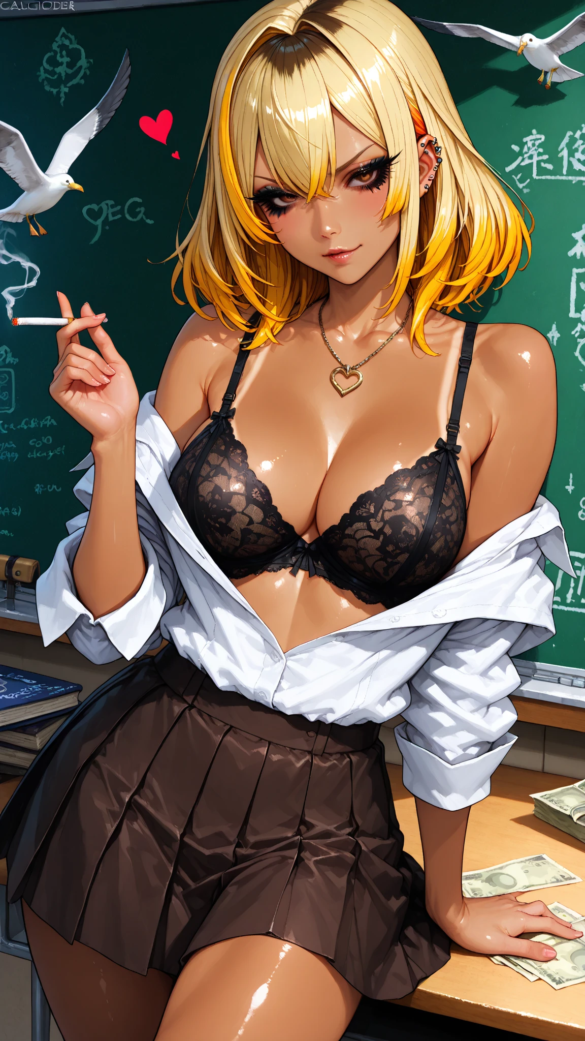Anime style, Painting, absurderes、perfect anatomia、Lucy Heartfilia、bra very、Bra visible from clothes、Braline、breastsout、short hair, ‎Classroom、cleavage of the breast、鎖骨、desk、From above、big breasts, on desk, pleatedskirt, School Desk, student clothes, see -through, The shirt, sitting on, Sitting on a desk, skirt by the, 独奏, thighs thighs thighs thighs, red blush, ssmile