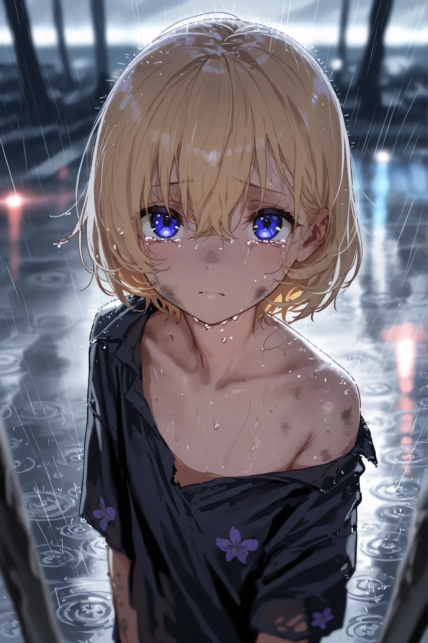 high resolution image , masterpiece, top quality, great quality, absurdres,ultra detailed,8K,volumetric lighting, depth of field, 1girl,loli, crying, outdoors, raining, short hair, blonde, violet eyes, dirty, poor, looking up at viewer, orphan