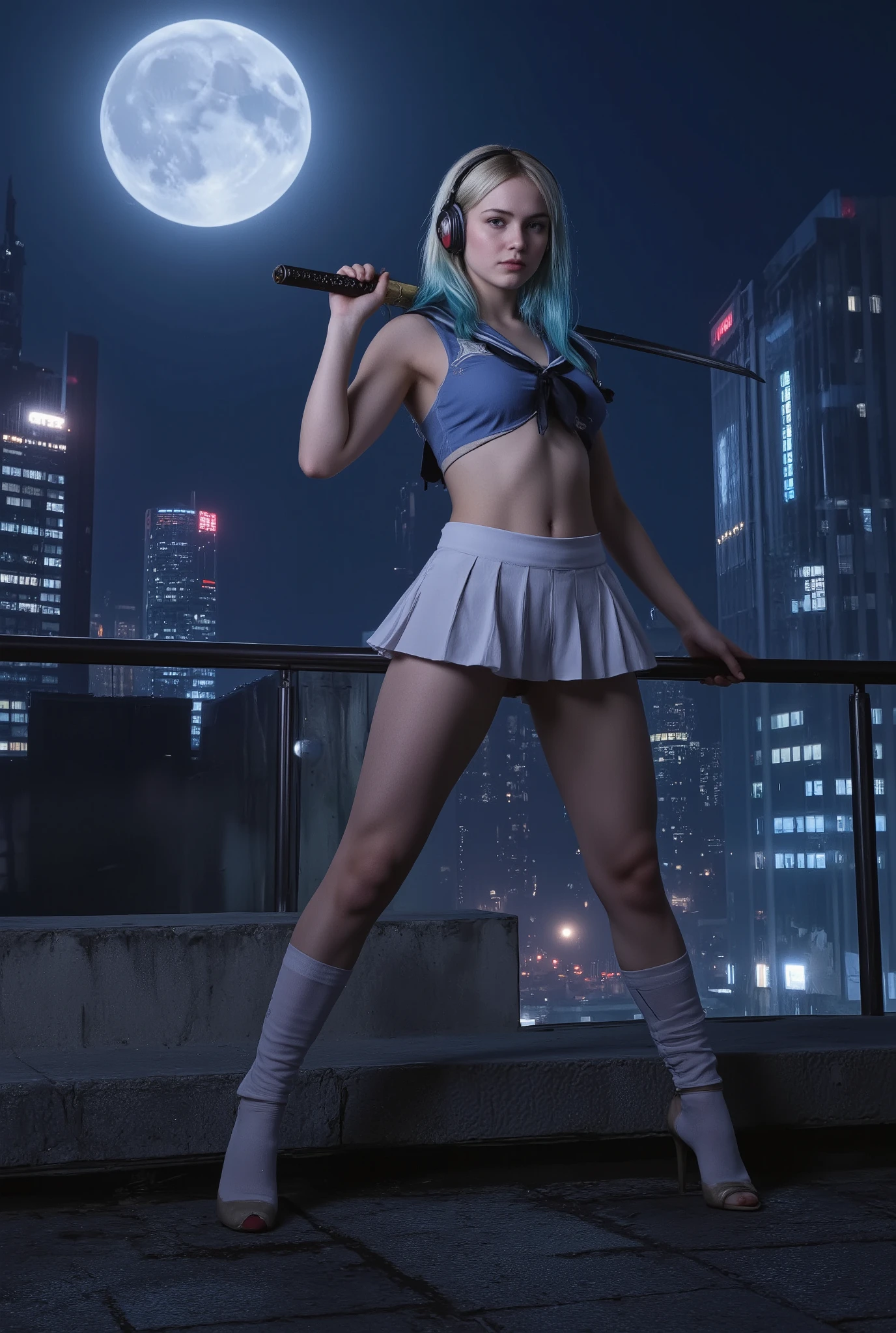 ((ELLE FANNING features: 1.7)),photo, (((epic realism: 1.8))), (((Low angle full body shot: 1.8))) , photo ultra realista de una chica cosplayer impresionante (   22-25 years   ), (((adult content: 1.8))). ((( : 1.9))) (((: 1.8))  ((( Exposed  : 1.9))  (((exposed : 1.99))  (((exposed : 1.8)) ((full body : 1.9)) ----- dynamic pose, perspective, extreme perspective, Kanban, White to blue hair, bright blue eyes,long hair、alone ,((   girl )) , sailor suit、sleeveless、pleated skirt、 Knee High Socks、headset、small breasts、no expression、Thighs are skin colored、is fighting、((Carrying a Japanese Sword on Her Shoulder))、cool pose、night、Cyber City rooftop looking to the left of the screen、 full moon、