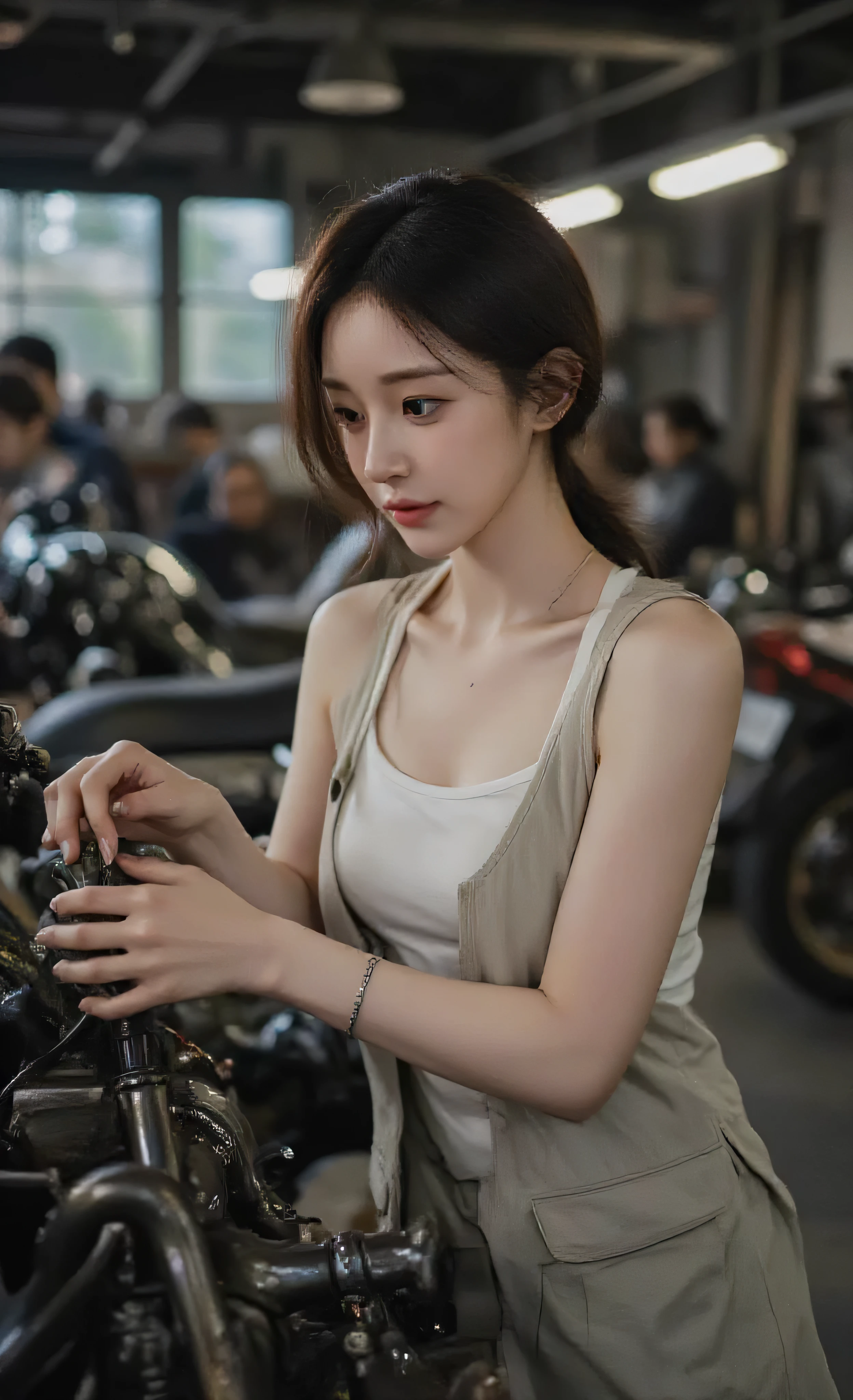 Masterpiece, High Resolution, 32K, Ultra High Precision. Cinematic and realistic photography of a young Korean woman with a natural and expressive appearance: white tank top and light vest. Adult Korean mechanic wearing a form-fitting white tank top, with a full but natural bust, an open light work vest, her hair tied back, and a focused expression. She manipulates mechanical parts, her hands and fingers realistic, anatomically correct and visible, her posture believable and dynamic. Workshop filled with motorcycles and tools, realistic lighting and detailed textures, noisy and immersive atmosphere.