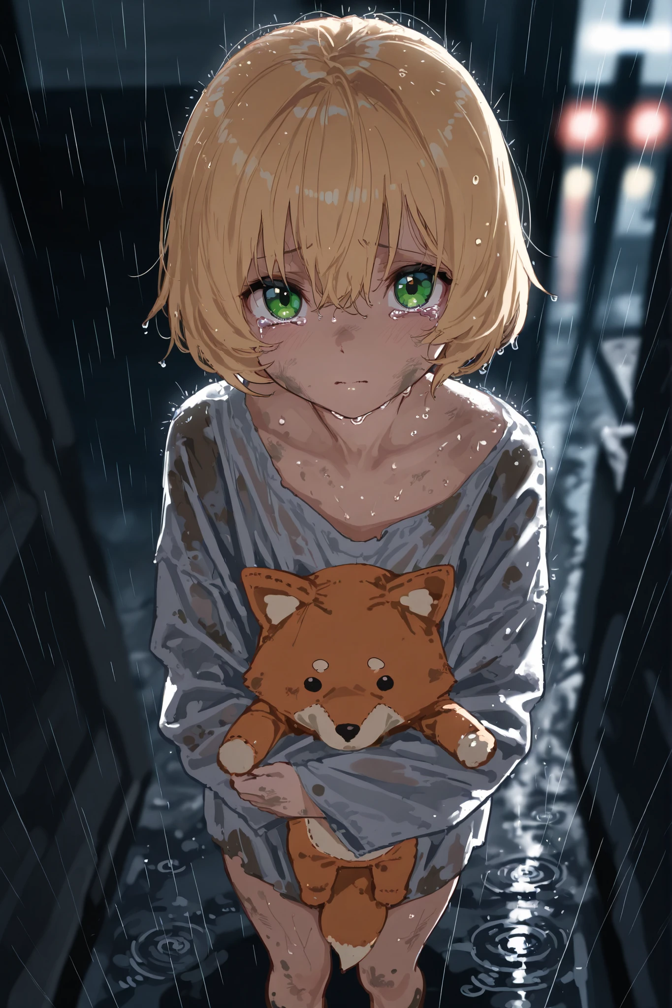 high resolution image , masterpiece, top quality, great quality, absurdres,ultra detailed,8K,volumetric lighting, depth of field, 1girl,loli, crying, dark alley, raining, short hair, blonde, green eyes, dirty, poor, looking up at viewer, orphan, hugging fox plushie, wearing old clothes