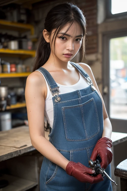 ((best quality)), ((masterpiece)), (detailed),japanese girl,  mesmerizing and alluring female mechanic covered in grease,Confident smile，Look into the camera，(Dirty and rugged body:1.2), (tough and confident demeanor:1.1), (mechanical expertise:1.3), ponytail hair, smudged face with a playful smirk, (zippered workpack coveralls:1.3) loose from her  body, (( breast and abs):1.2), cluttered repair shop, scattered car parts, (authentic automotive ambiance:1.2), (inocent gaze:1.1), gripping a wrench in her dirty hands, 8k resolution,looking at another, looking away,(irezumi tattoo:1.2), masterpiece, best quality,Photorealistic, ultra-high resolution, photographic light