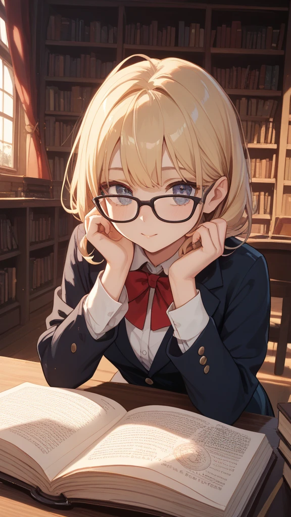 Solo, 1girl, masterpiece, best quality, extremly detailed, Cinematic lighting, intricate detail, highres, official art, finely detailed beautiful face and eyes, high resolution illustration, 8k, dark intense shadows, overexposure, [blonde hair/brown hair], single braid, blue eyes, glasses, smug, sitting on chair, upper body, large , white shirts, yellow suspenders, book_stack, library, ((vine)), rose, looking at the viewer