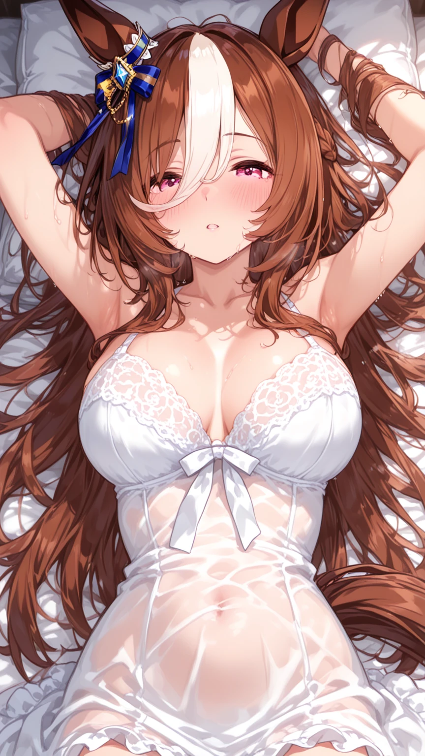 8k, RAW photo, best quality, masterpiece:1.2, 1girl, long hair, , looking at viewer, blush, smile, open mouth, bangs, , cleavage, brown hair, thighhighs, gloves, white background, navel, brown eyes, , hetero, thighs, solo focus, elbow gloves, white gloves, gradient, gradient background, swept bangs, lingerie,  straddling, veil, bridal veil, squatting