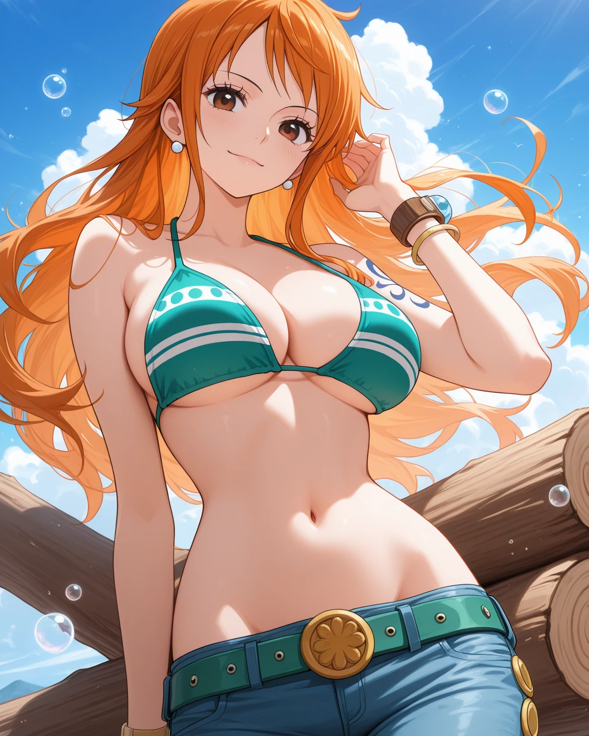 detailed background, masterpiece, 4k, best quality, late youth, adult, wrestler body, 1girl, active, energic, uppercut, (large mouth) , solo, nami \(one piece\), 1girl, bangle, (very wet, drenched in sweat, sweat all over body, very wet hair, tired, taking breath, open mouth, exhausted, shouting, sweaty face, sweaty body, panting, sweating too much, shiny sweat, sweaty armpit, leaning, hands on ), perfect detailed face, bold drawing lines, muscular arms, detailed bold arm lines, flat jaw, adult woman, wavy wide streaked bangs, floating bang, (big cheeks),  shoulders, off-shoulders, belt, ,  top only, blue sky, bracelet, springy ,  lines, big round eyes, very big brown shiny eyes, bubbles, high eye position, cleavage, cloud, day, denim, earrings, floating hair, shiny hair, green belt, green , bold groin lines, jeans, jewelry, , log pose, long hair, looking at viewer, navel, wet hair, orange hair, pants, shoulder tattoo, sidelocks, sky, solo, standing, stomach, swimsuit, tattoo , looking at viewer, open mouth, detailed left arm, big forehead, hourglass figure, small head, toned body, wide hair, wind effect, sun effect, under the sun, narrow small ears angle, older, random poses,
