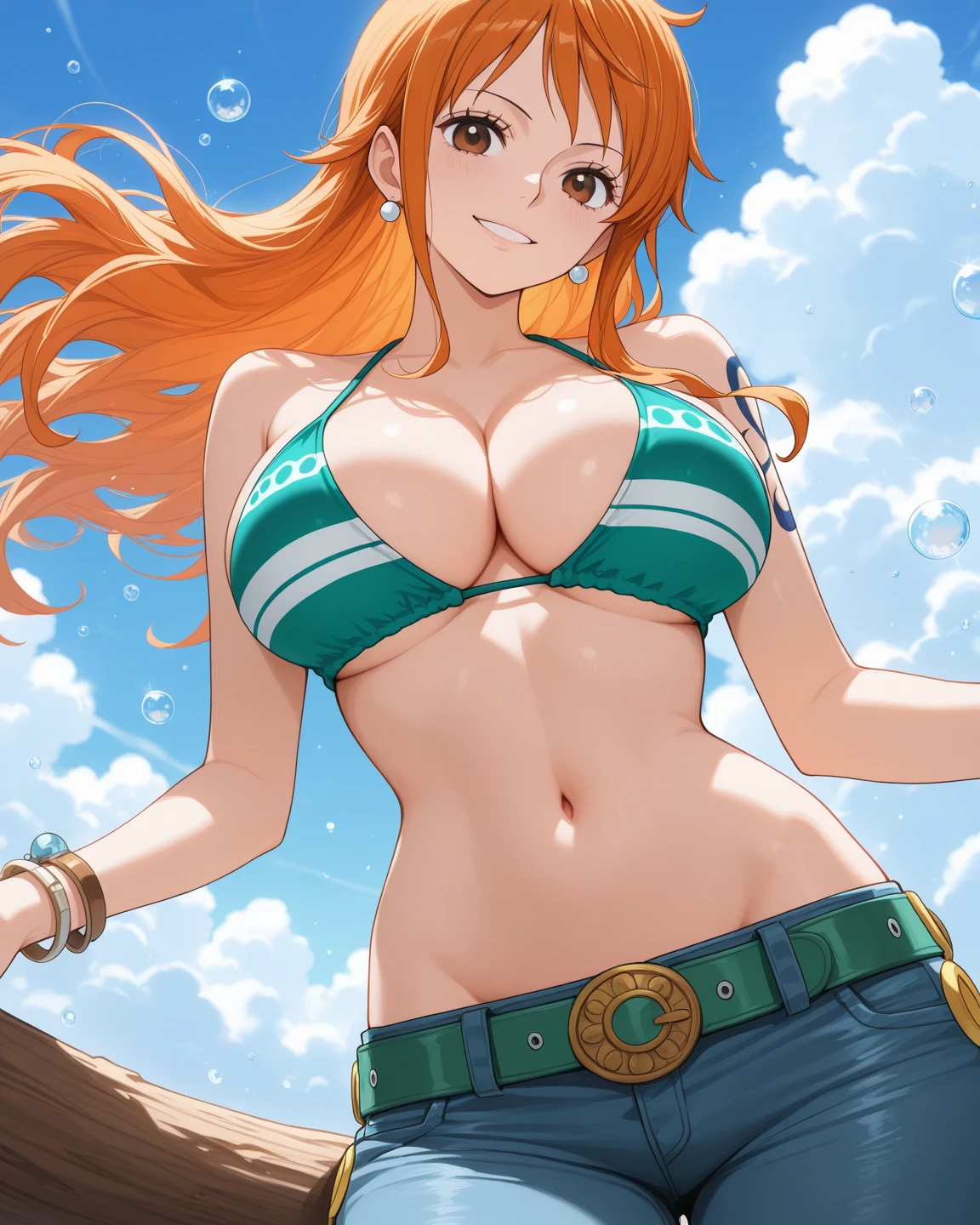 detailed background, masterpiece, 4K, best quality, 늦은 request소년, adult, wrestler body, 1 woman, Active, energetic, Uppercut, (Big mouth) , alone, Us \(One Piece\), 1 woman, bangle, (Very wet, Drenched in sweat, sweating all over, Very wet hair, tired, breathe, dehisce, exhausted, outcry, Sweaty face, sweaty body, Panting, sweating too much, Glittering sweat, sweaty armpits, trend, hands on , Serious, glaring), Perfect, detailed face, Draw bold lines, muscular arms, Detailed and thick arm lines, Flat chin, adult woman, wavy wide striped bangs, floating bangs, (Big cheeks),  shoulders, off shoulder, belt, ,  top only, blue sky, bracelet, Elastic ,  line, Big round eyes, very large brown shiny eyes, foam, 높은 눈 stomach치, split, cloud, afternoon, request, earring, floating hair, shiny hair, green belt, green , Thick groin line, requestpants, bijouterie, medium , Log Pose, long hair, looking at viewer, navel, wet hair, Orange hair, pants, shoulder Tattoo, side lock, sky, alone, standing, stomach, swimsuit, Tattoo , looking at viewer, dehisce, Detailed left arm, large forehead, hourglass shape, small head, A toned body, Broad head, wind effect, The Sun Effect, Under the sun, Narrow small ear angle, Previous, 무작stomach 포즈,